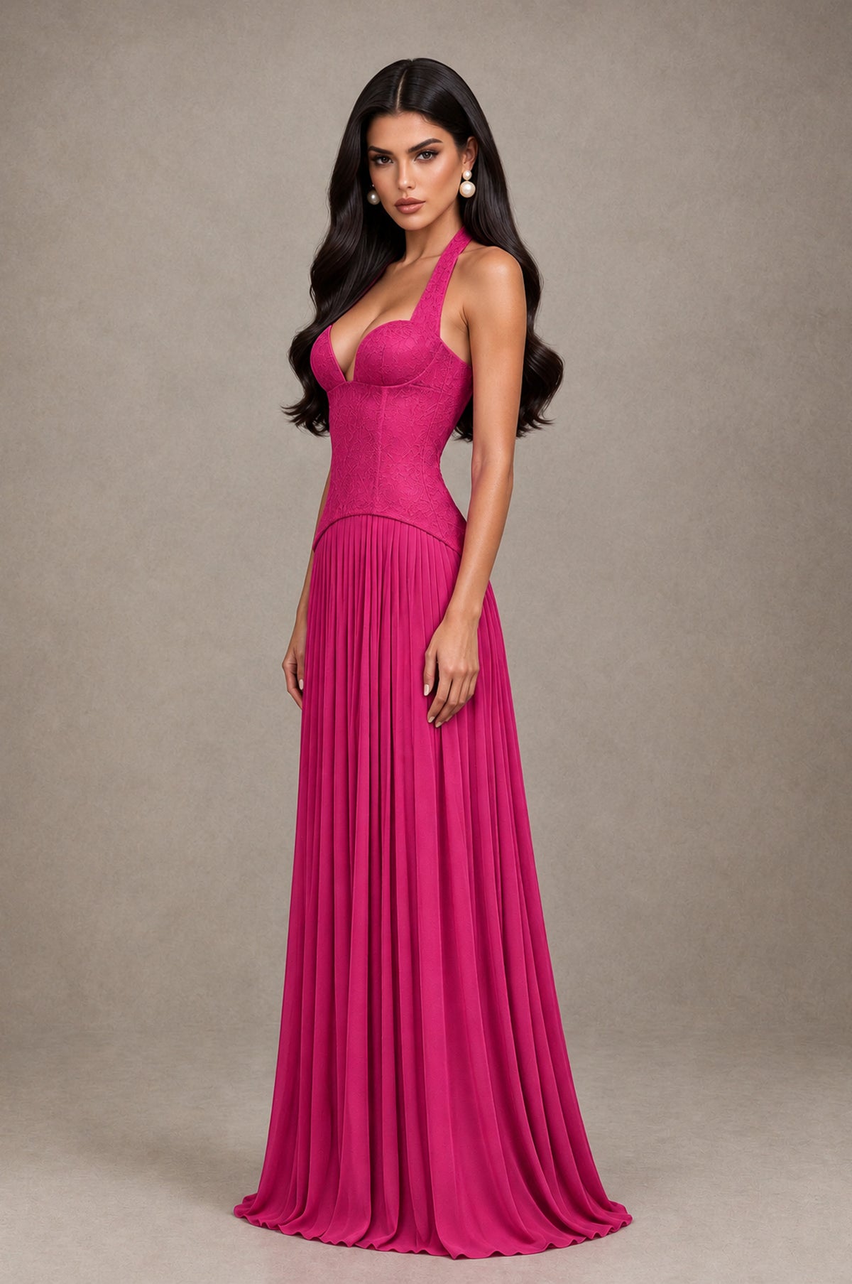 BOLODOO Hot Pink Halter Corset Pleated A-Line Evening Dress - Hot Pink - Hot Pink_4