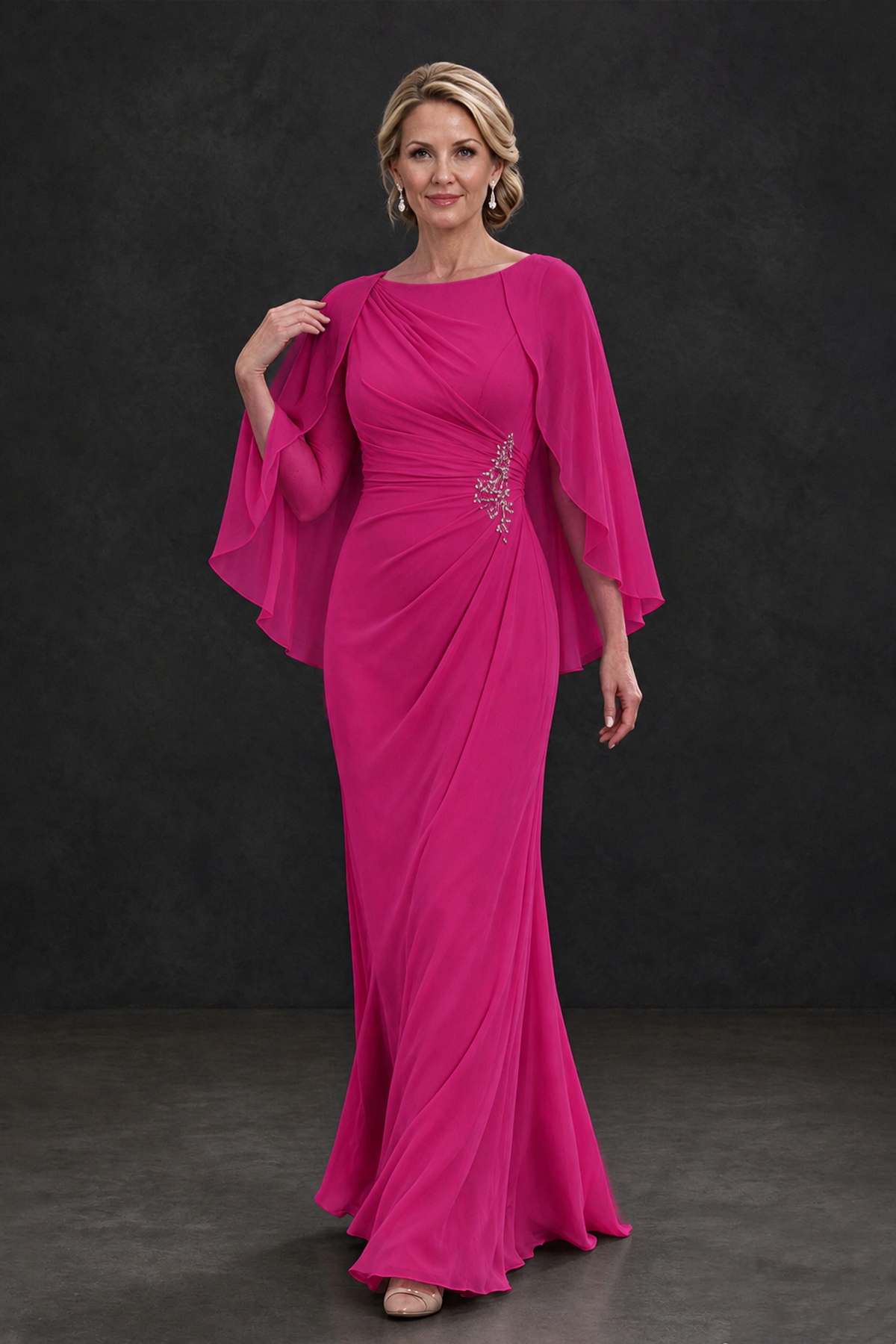 BOLODOO Hot Pink Cape Sleeve Mother of the Bride Dress with Ruched Waist - Hot Pink - Hot Pink_4