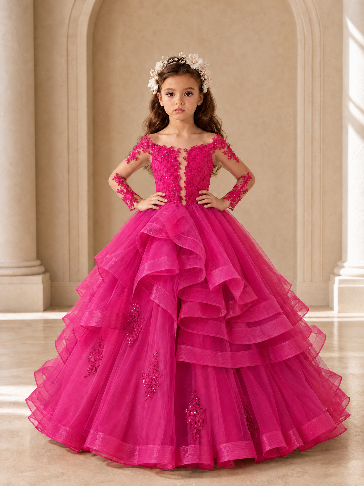 BOLODOO Hot Pink Lace Long Sleeve Tiered Flower Girl Dress - Hot Pink - Hot_Pink_4