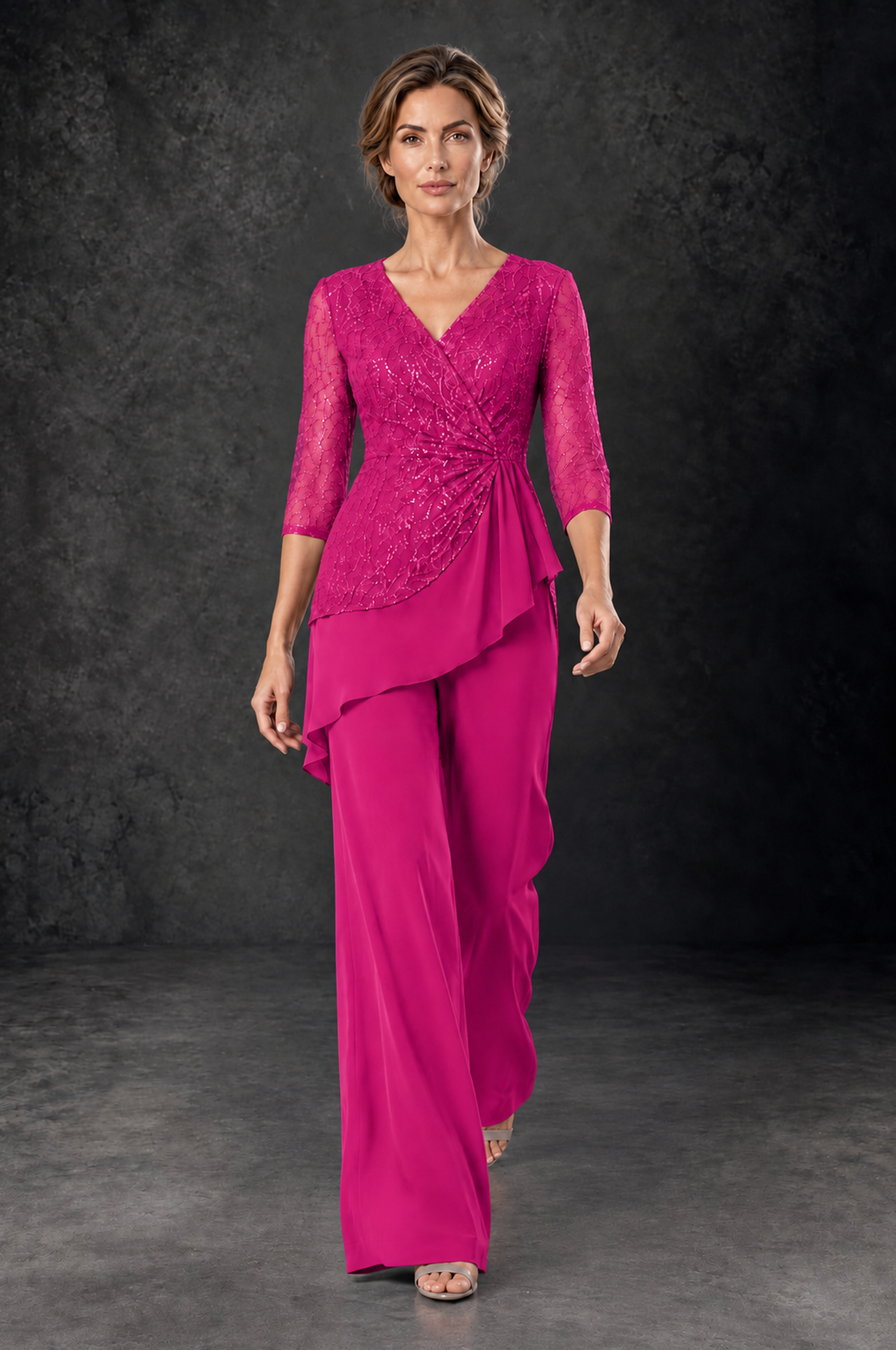 BOLODOO Hot Pink Sequin Lace 3/4 Sleeve Chiffon Mother of the Bride Pant Suit - Hot Pink - Hot_Pink_4