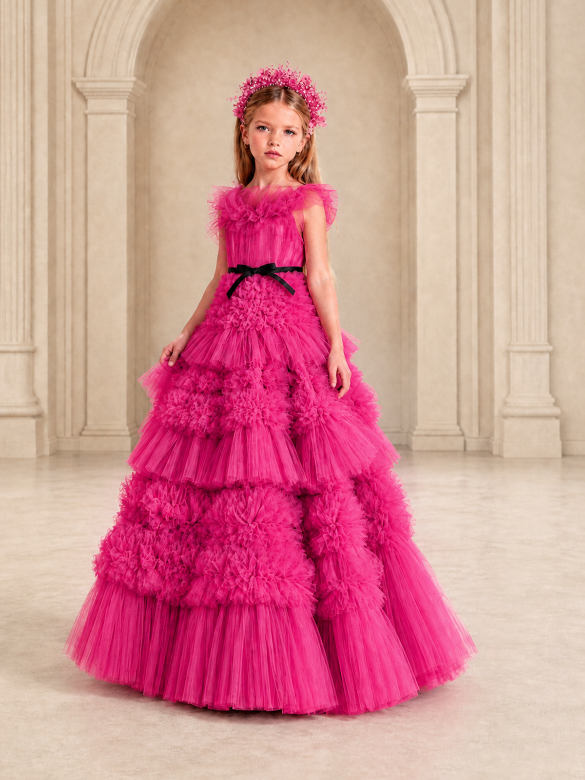 BOLODOO Hot Pink Tiered Tulle Flower Girl Dress with Floral Appliques - Hot Pink - Hot Pink_4