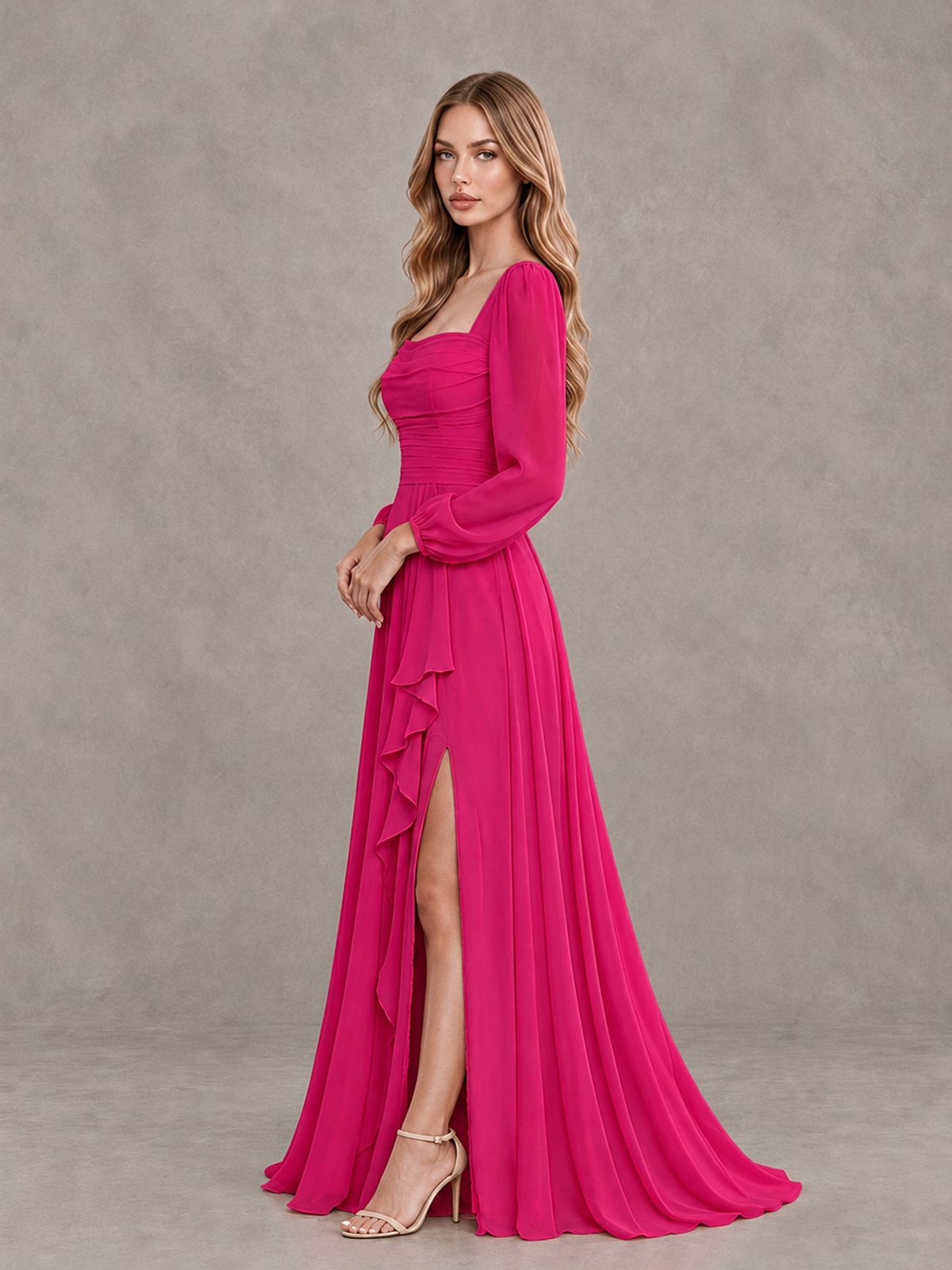 BOLODOO Hot Pink Square Neck Long Sleeve Bridesmaid Dress with Ruffle Slit - Hot Pink - Hot Pink_4