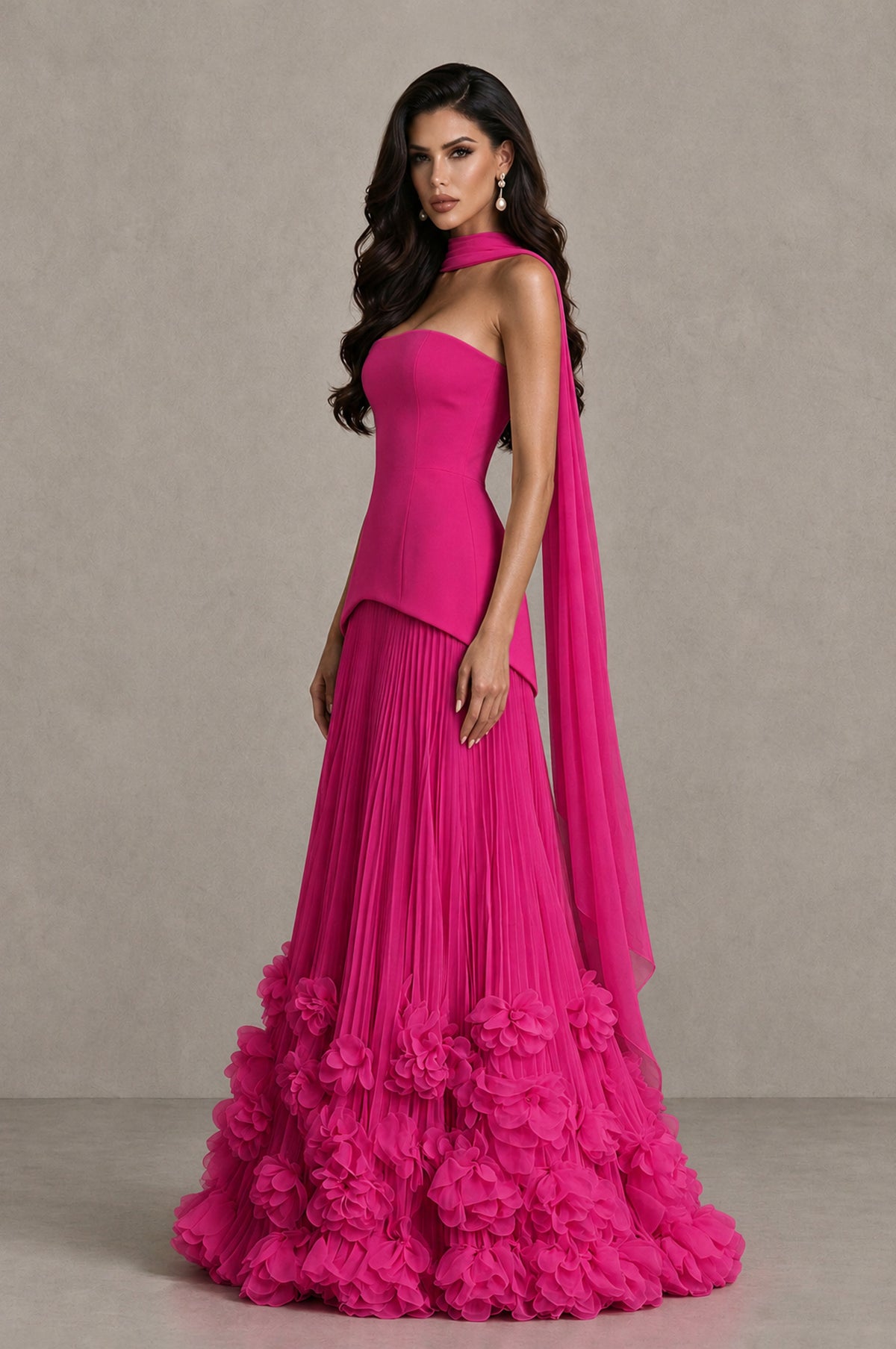 BOLODOO Hot Pink Strapless Pleated Floral Hem Evening Gown - Hot Pink - Hot Pink_4