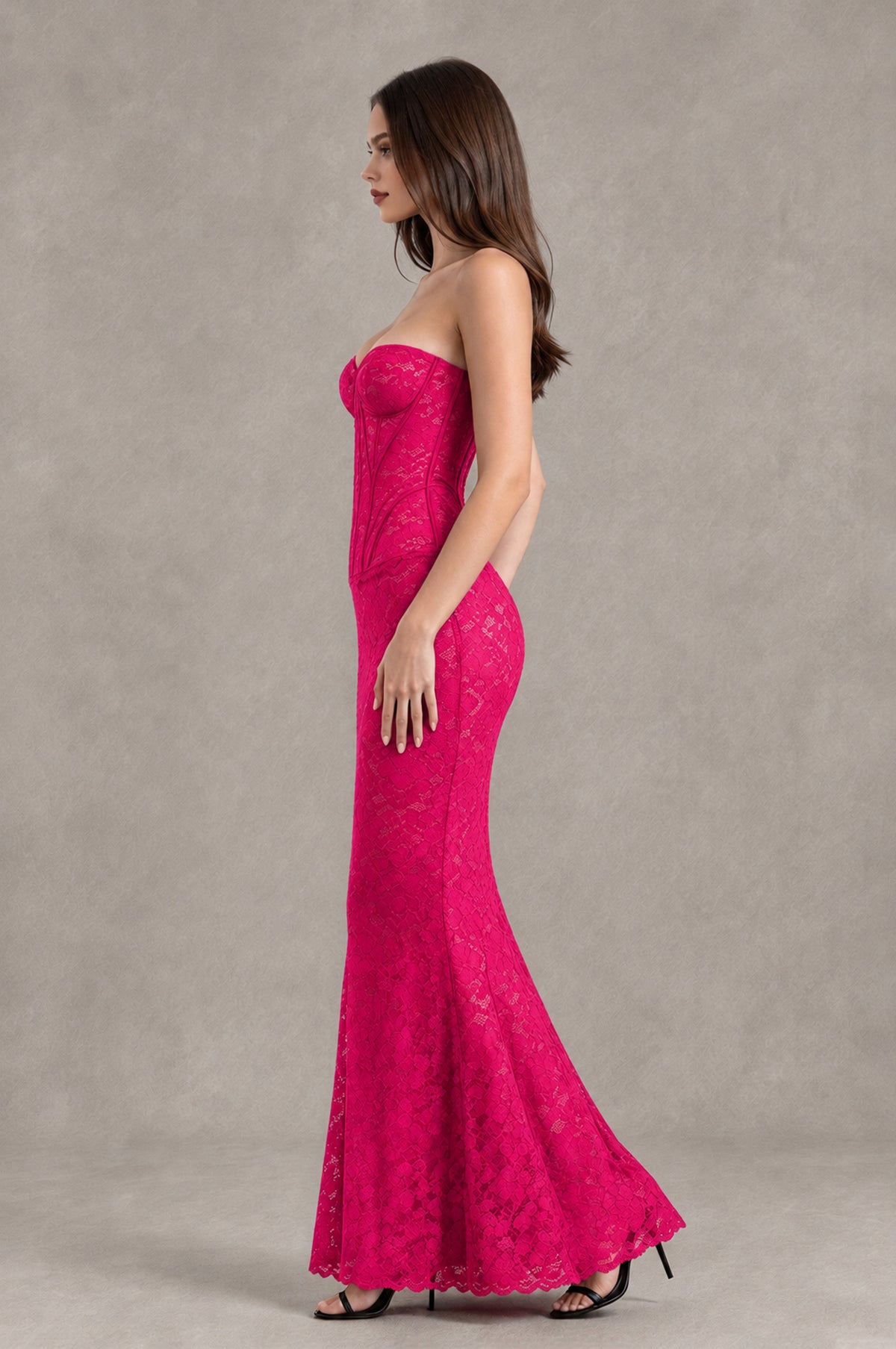 BOLODOO Hot Pink Strapless Lace Corset Wedding Guest Dress - Hot Pink - Hot Pink_4