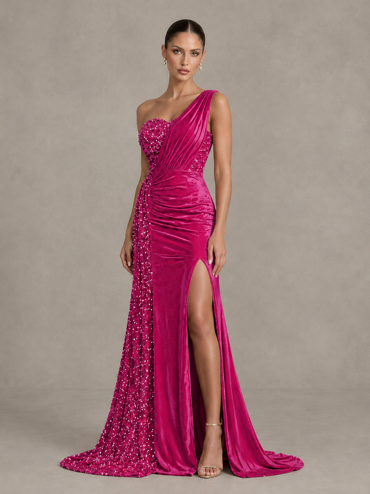 BOLODOO Hot Pink One-Shoulder Satin Sequin Gown with High Slit - Hot Pink - Hot Pink_4