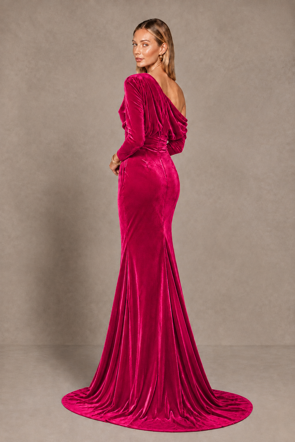 BOLODOO Hot Pink Velvet Asymmetric Neck Mermaid Evening Dress - Hot Pink - Hot Pink_4