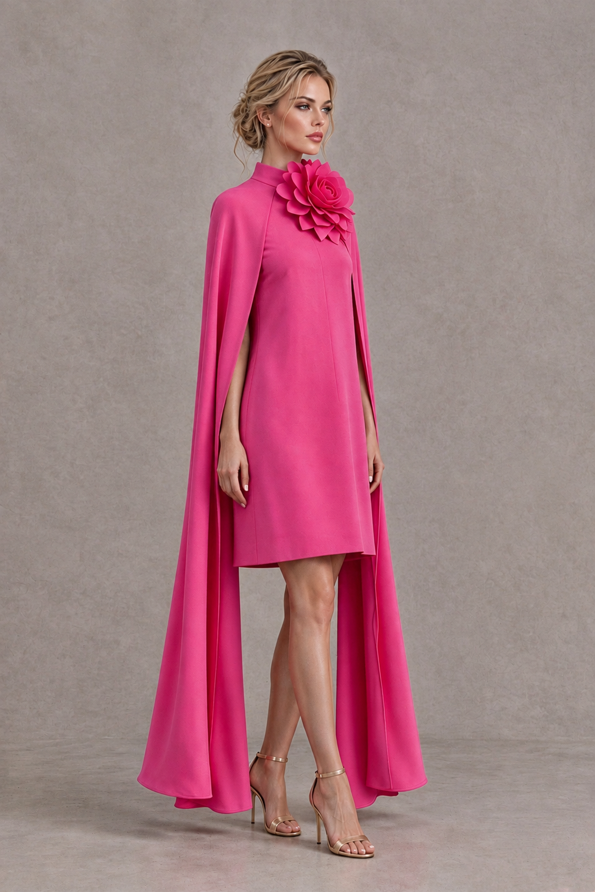 BOLODOO Hot Pink High Neck Floral Cape Mini Cocktail Dress - Hot Pink - Hot Pink_4