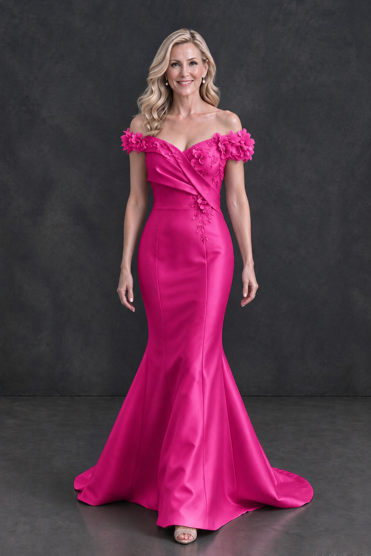 BOLODOO Hot Pink Off-Shoulder Floral Mermaid Mother of the Bride Dress - Hot Pink - Hot Pink_4