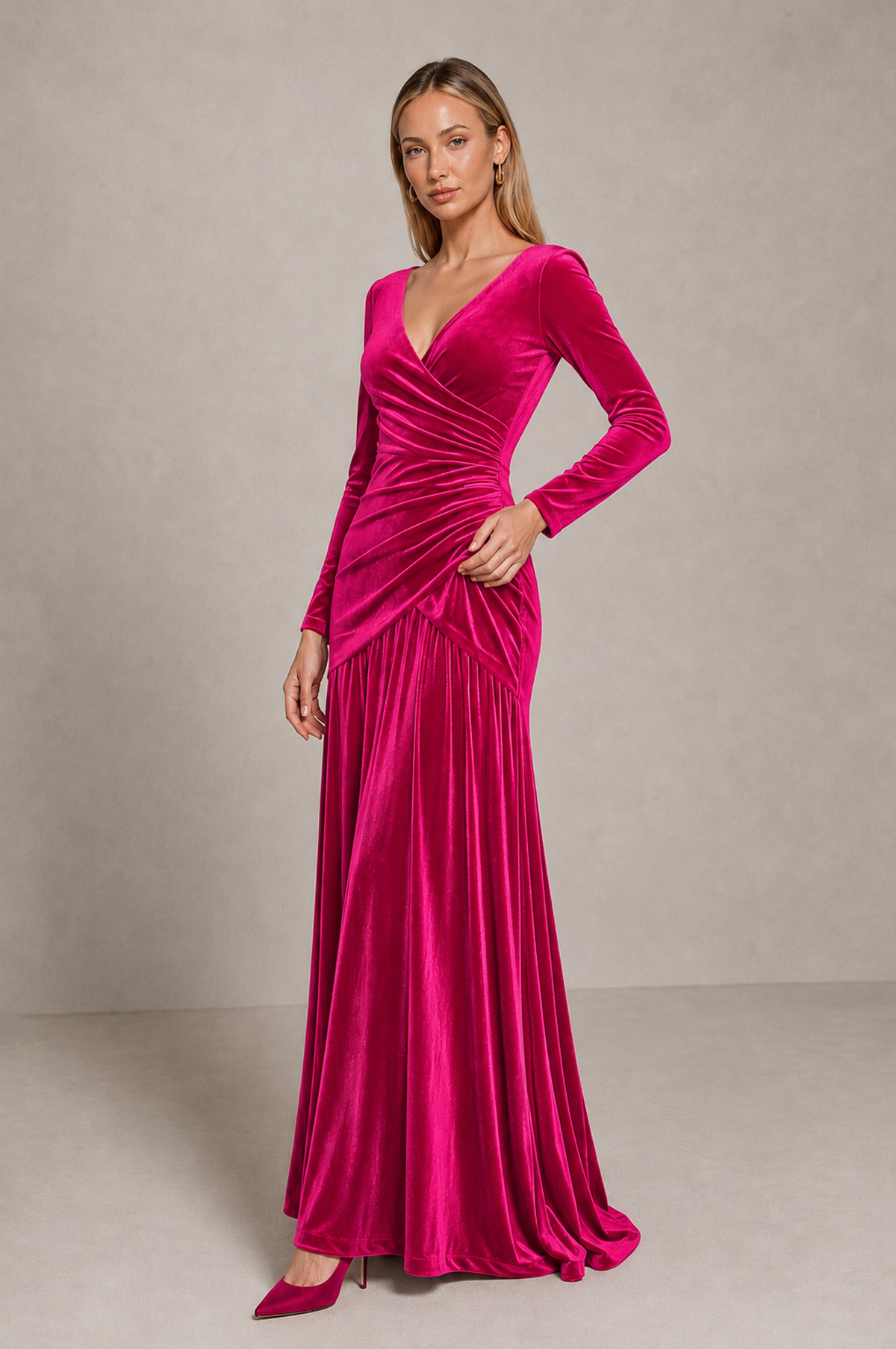BOLODOO Hot Pink Velvet Long Sleeve V-Neck Ruched Evening Dress - Hot Pink - Hot_Pink_4