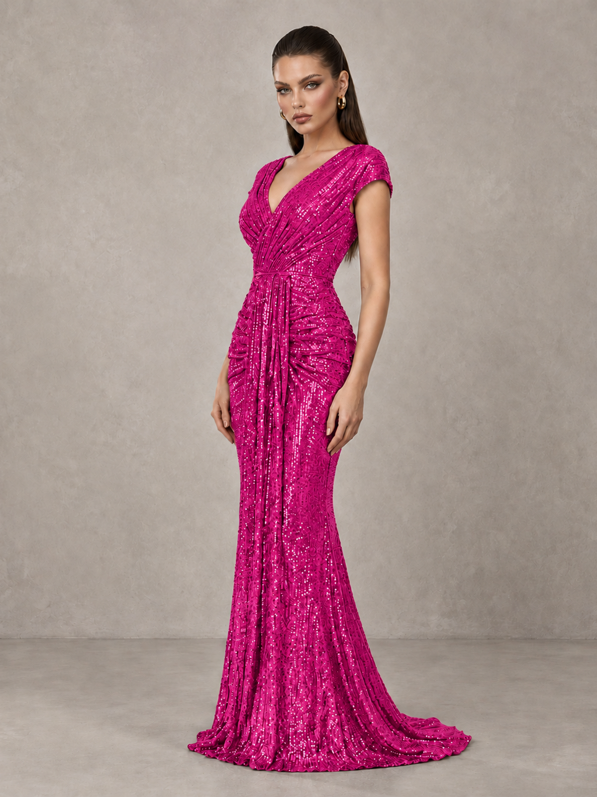 BOLODOO Hot Pink Glitter V-Neck Cap Sleeve Ruched Mermaid Evening Gown - Hot Pink - Hot Pink_4