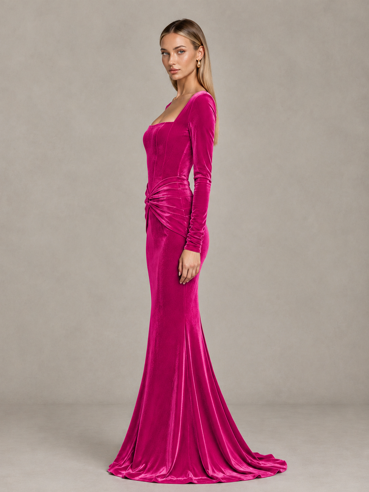 BOLODOO Hot Pink Velvet-Look Square Neck Long Sleeve Mermaid Evening Dress - Hot Pink - Hot Pink_4