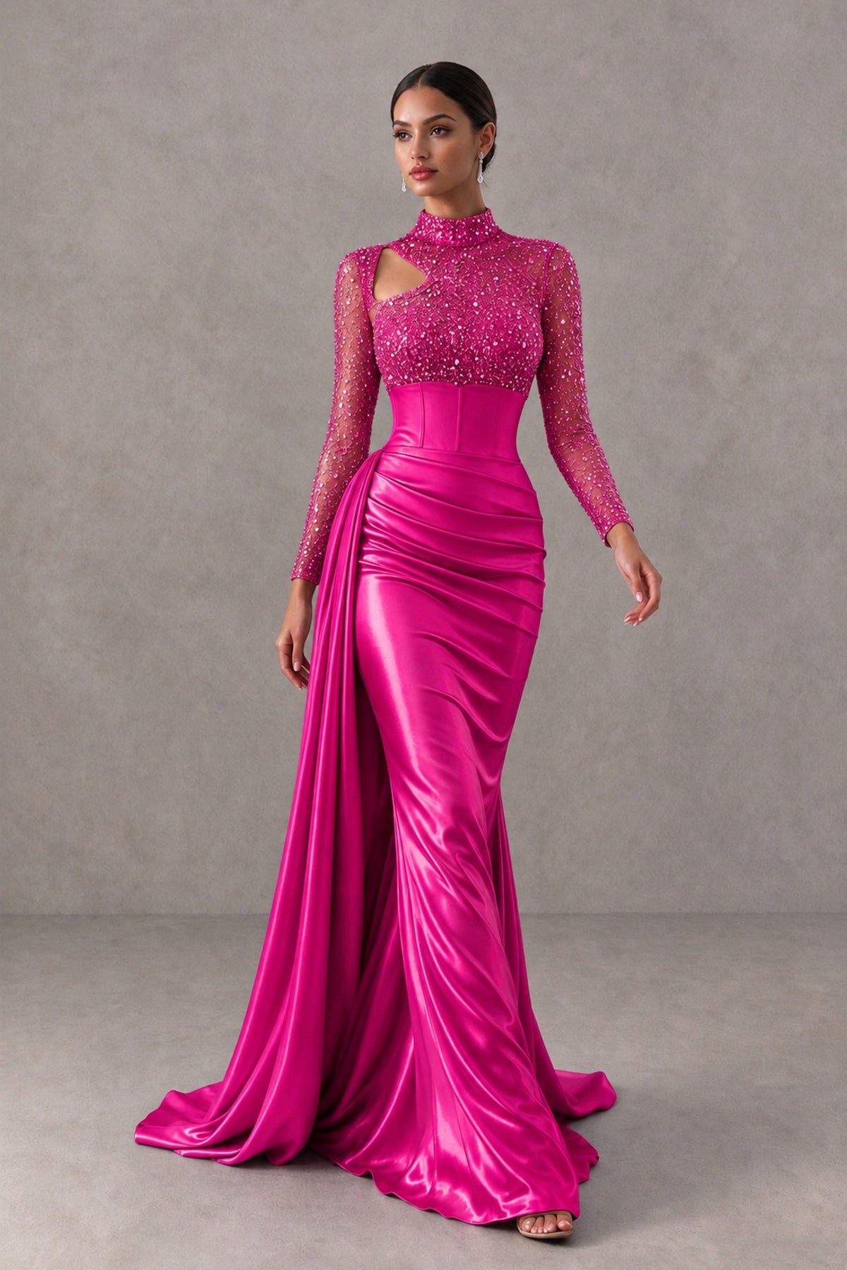 BOLODOO Hot Pink Long Sleeve Embellished Satin Mermaid Evening Gown - Hot Pink - Hot Pink_4
