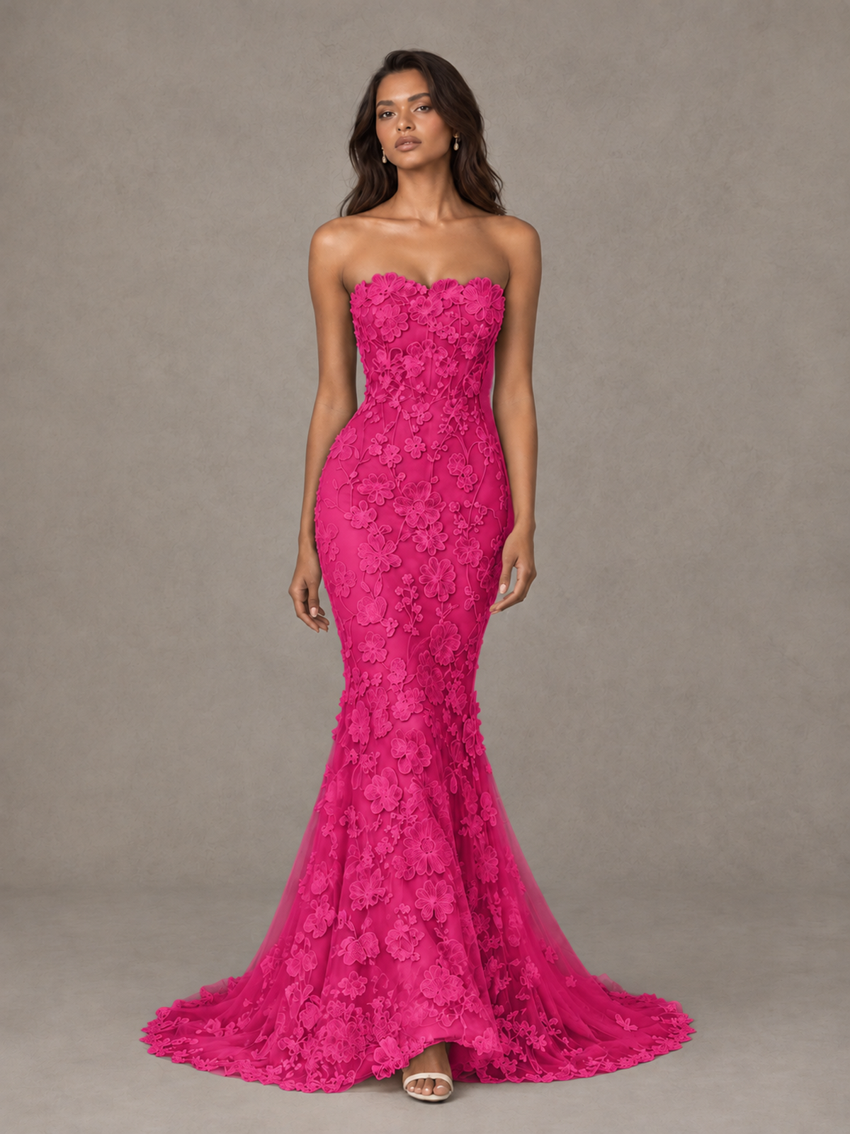BOLODOO Hot Pink Strapless 3D Floral Lace Mermaid Prom Dress with Train - Hot Pink - Hot Pink_4