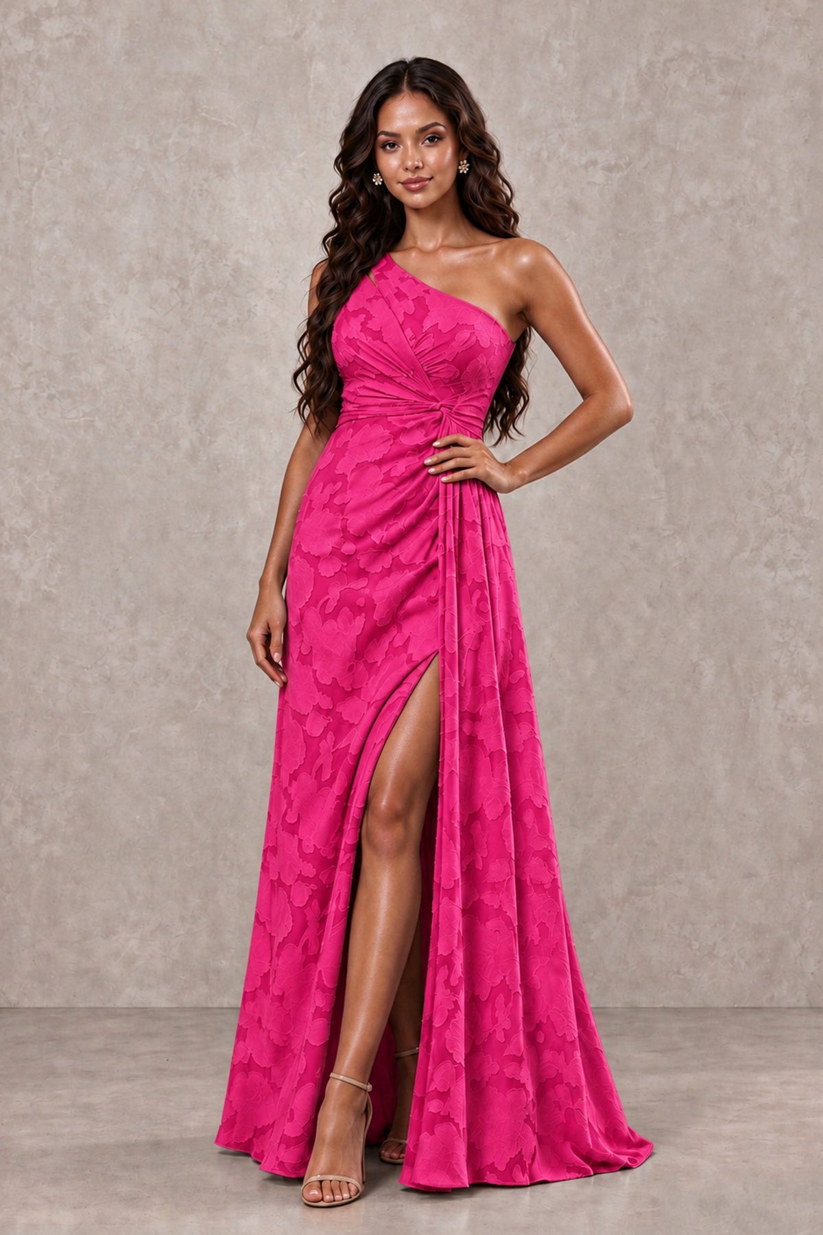 BOLODOO Hot Pink One-Shoulder Floral Textured Maxi Dress with High Slit - Hot Pink - Hot Pink_4