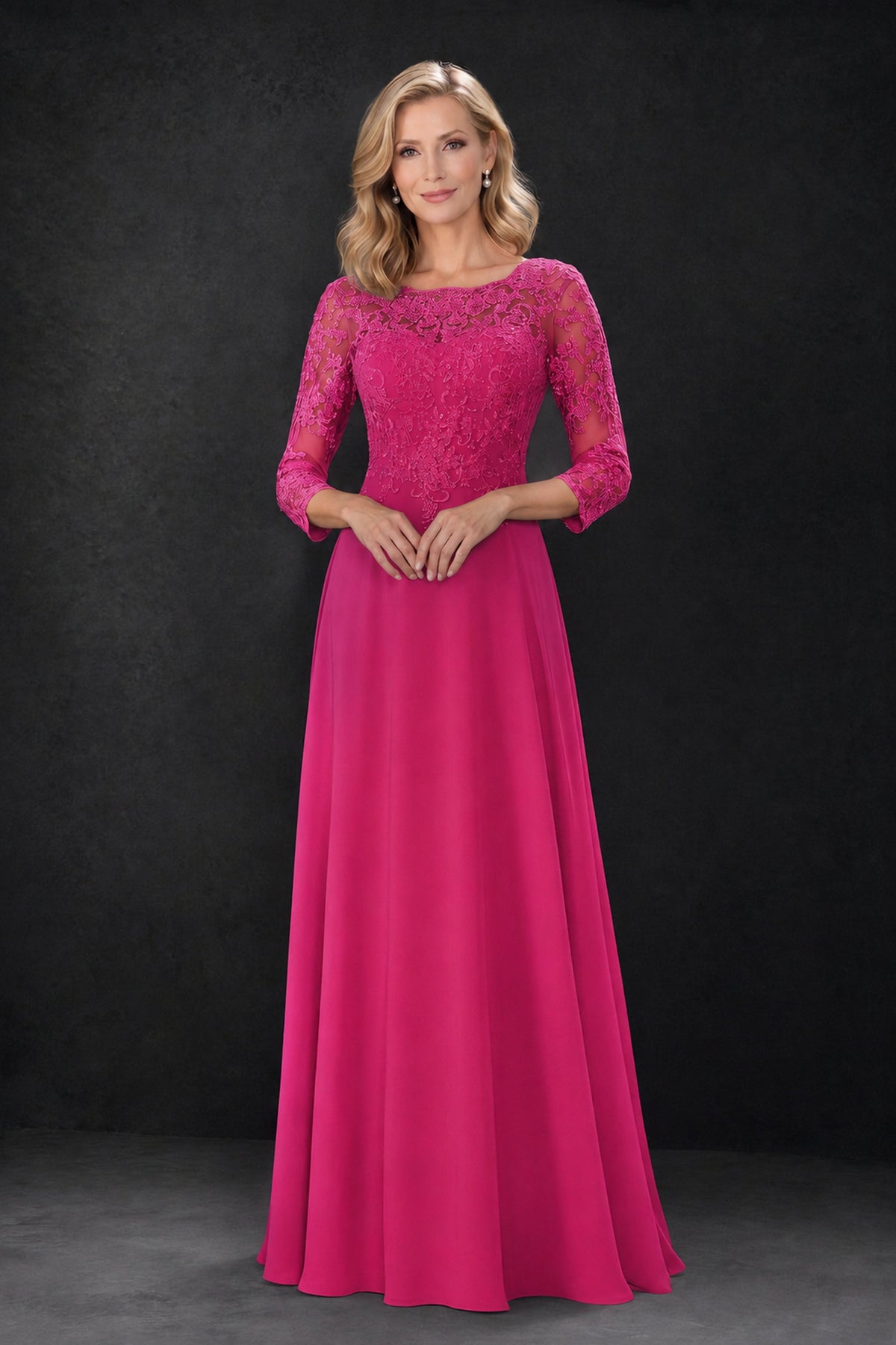 BOLODOO Hot Pink Lace Embroidered Mother of the Bride Dress with 3/4 Sleeves - Hot Pink