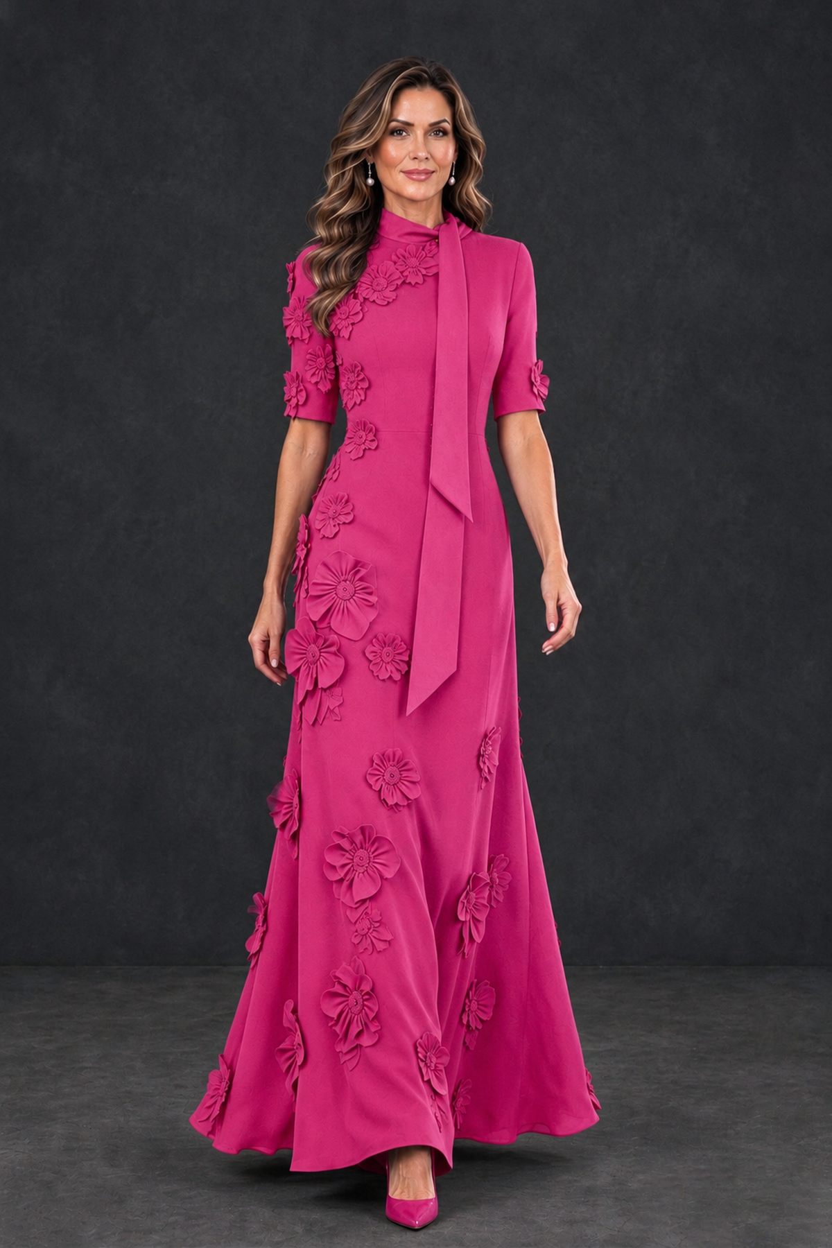 BOLODOO Hot Pink Floral Applique High-Neck Half-Sleeve Gown - Hot Pink - Hot Pink_4