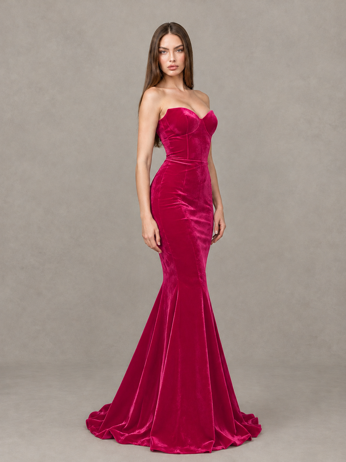 BOLODOO Hot Pink Strapless Sweetheart Velvet-Look Mermaid Evening Dress - Hot Pink - Hot Pink_4