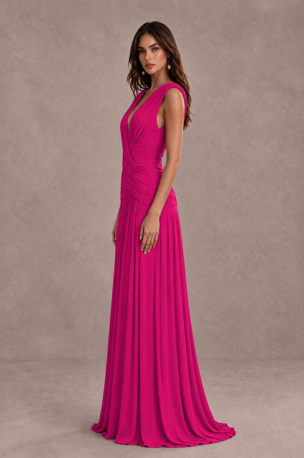 BOLODOO Hot Pink V-Neck Ruched Wedding Guest Dress - Hot Pink - Hot Pink_4