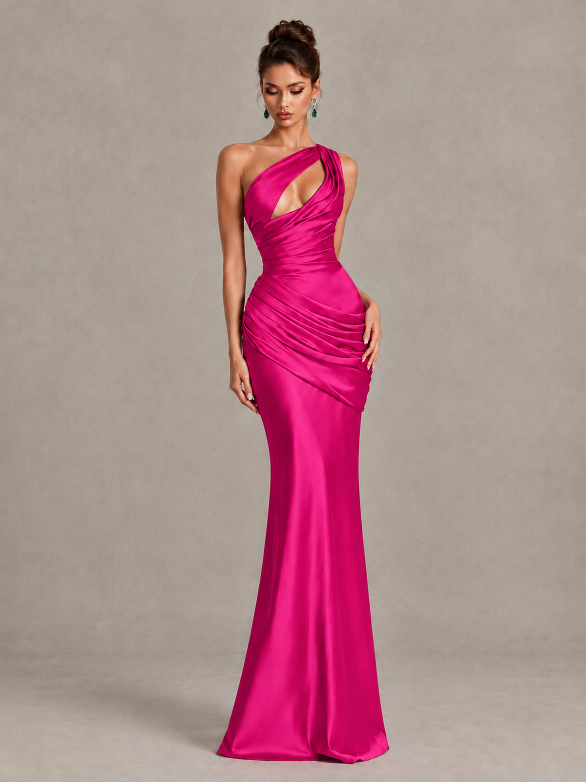 BOLODOO Hot Pink One-Shoulder Cutout Satin Mermaid Prom Dress - Hot Pink - Hot Pink_4