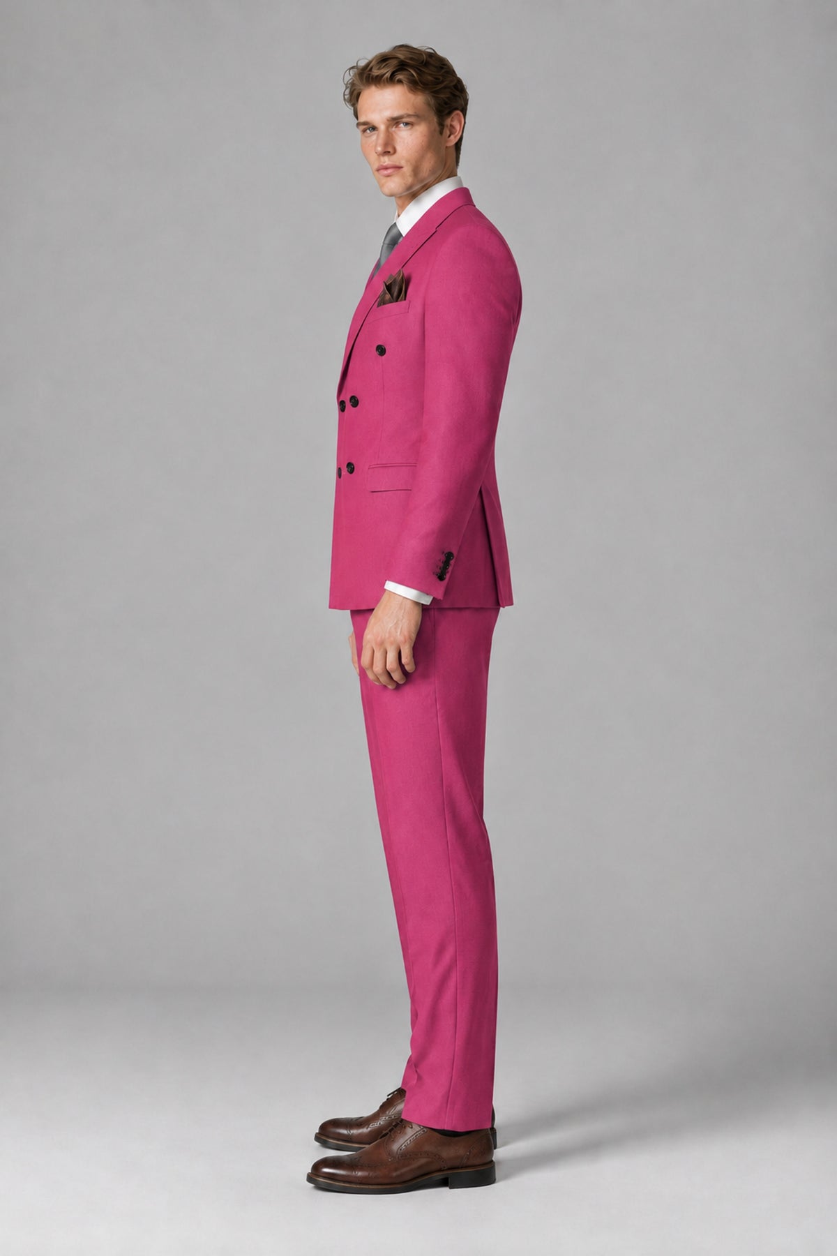 Bolodoo Men's Hot Pink Double-Breasted Two-Piece Suit with Peak Lapels - Hot Pink - Hot Pink_4
