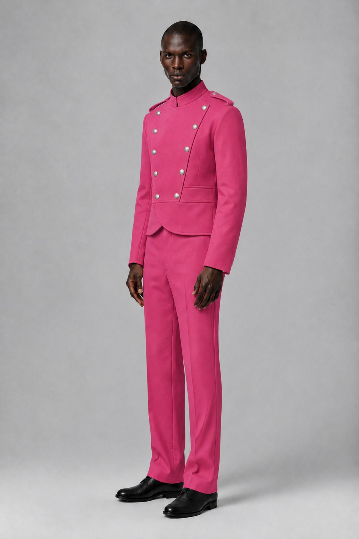 Bolodoo Men's Hot Pink Military-Inspired Two-Piece Suit with Stand Collar - Hot Pink - Hot Pink_4