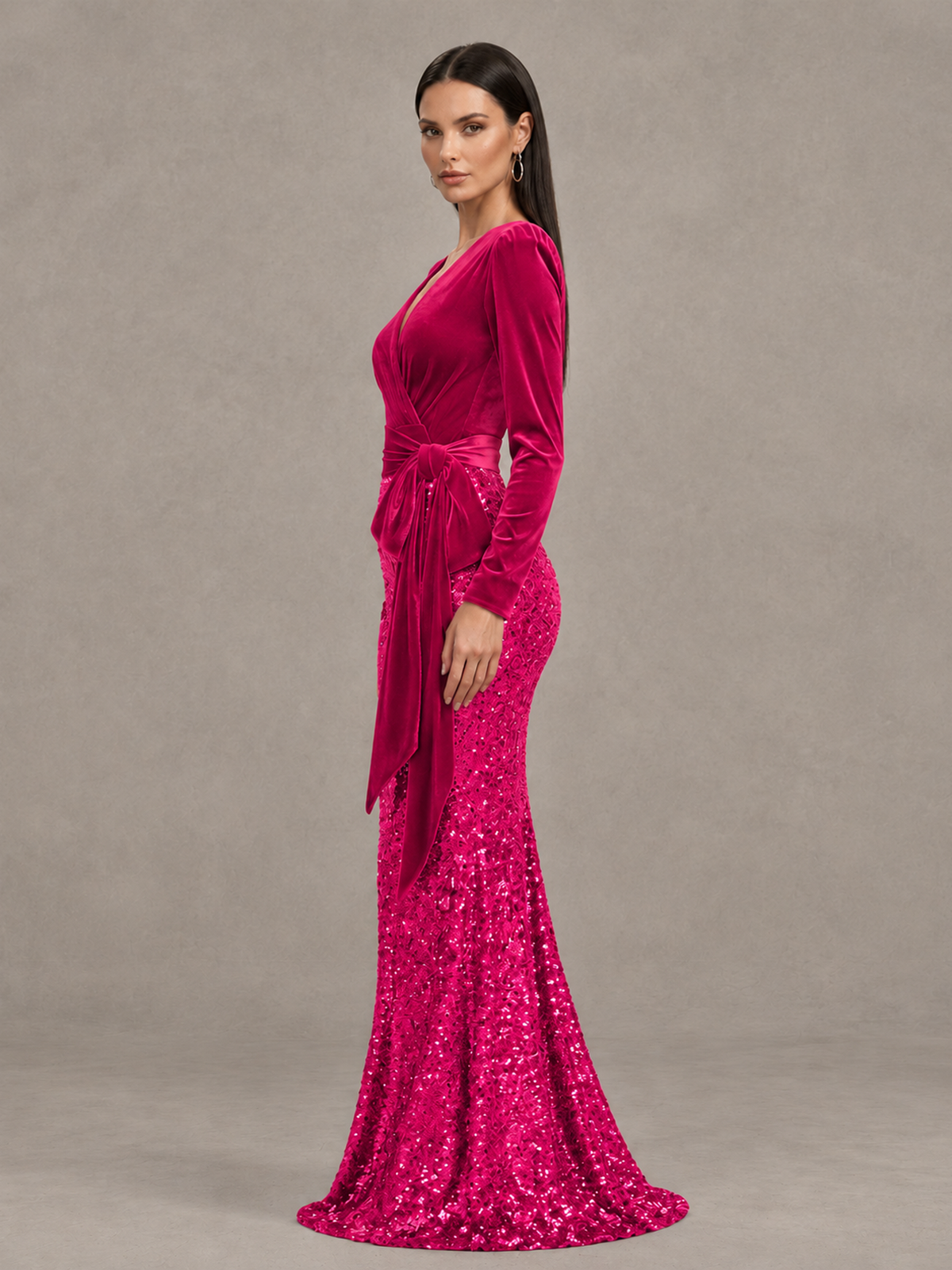BOLODOO Hot Pink Velvet & Sequin Long Sleeve V-Neck Mermaid Evening Gown - Hot Pink - Hot Pink_4