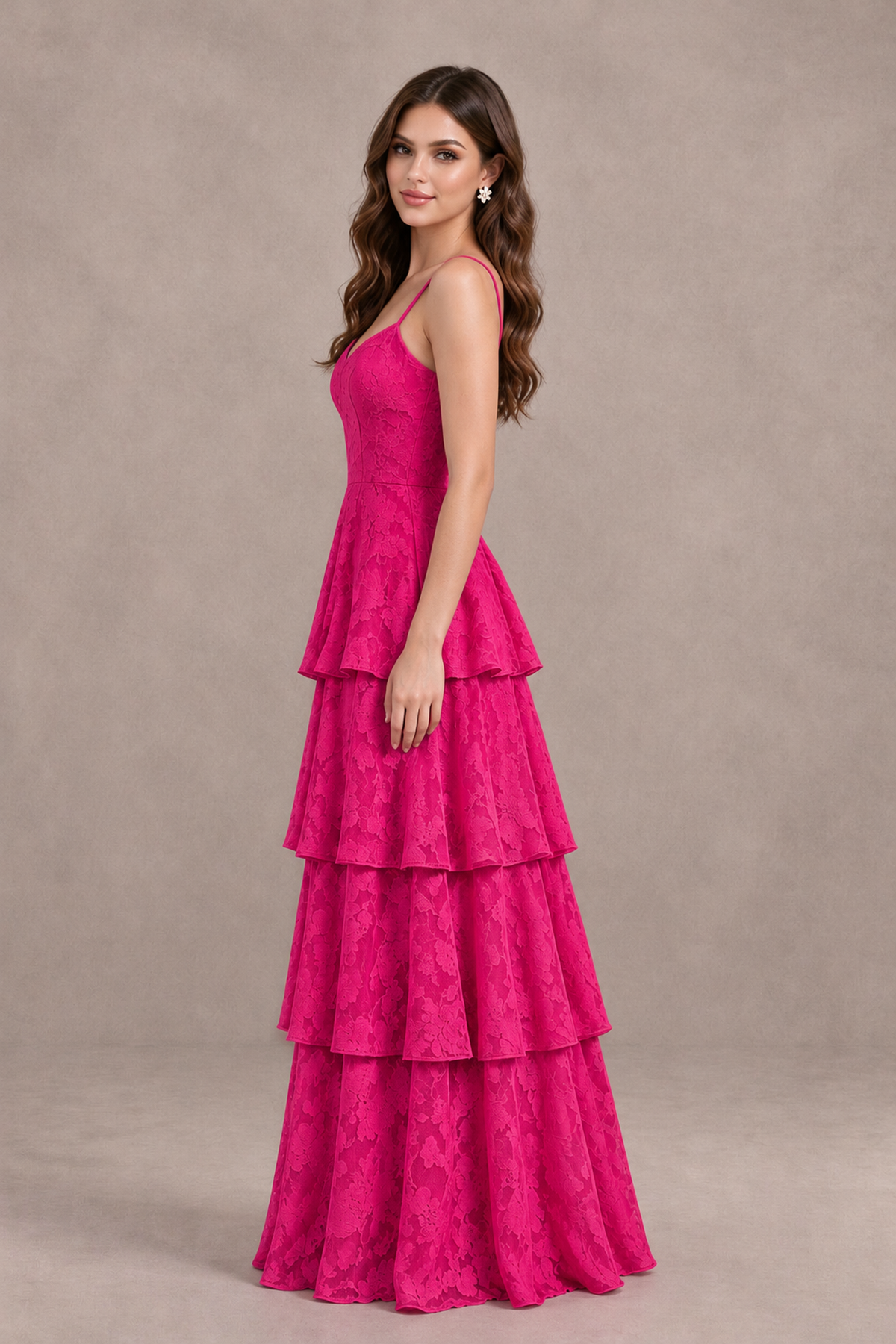 BOLODOO Hot Pink Tiered Floral-Textured Spaghetti Strap Maxi Dress - Hot Pink - Hot Pink_4