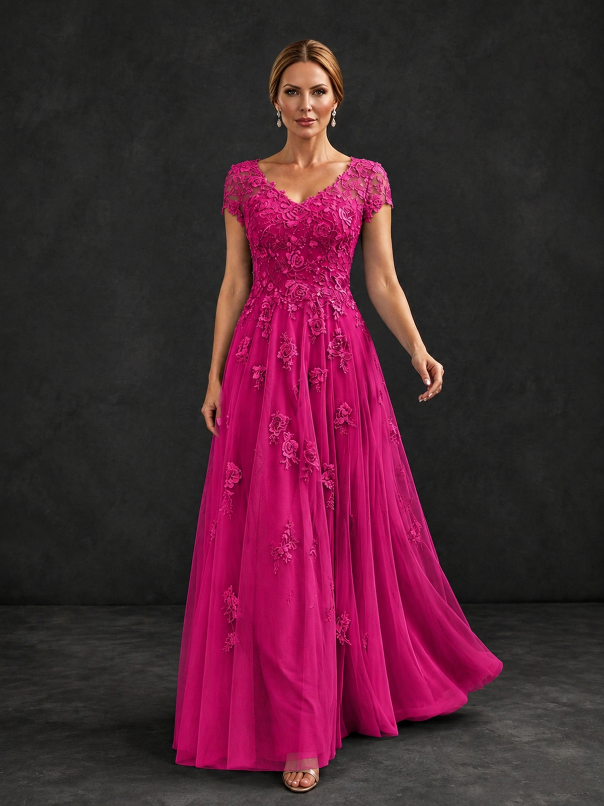 BOLODOO Hot Pink Cap Sleeve Lace Appliqué A-Line Formal Gown | Mother of the Bride Dress - Hot Pink - Hot Pink_4