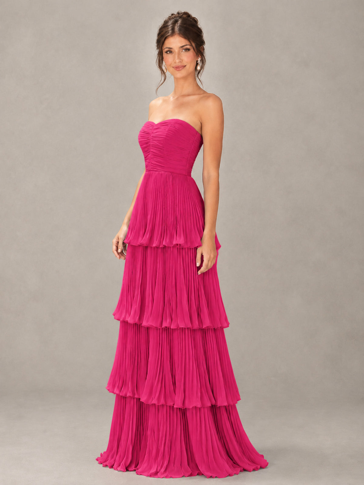 BOLODOO Hot Pink Strapless Tiered Pleated Bridesmaid Dress - Hot Pink - Hot Pink_4