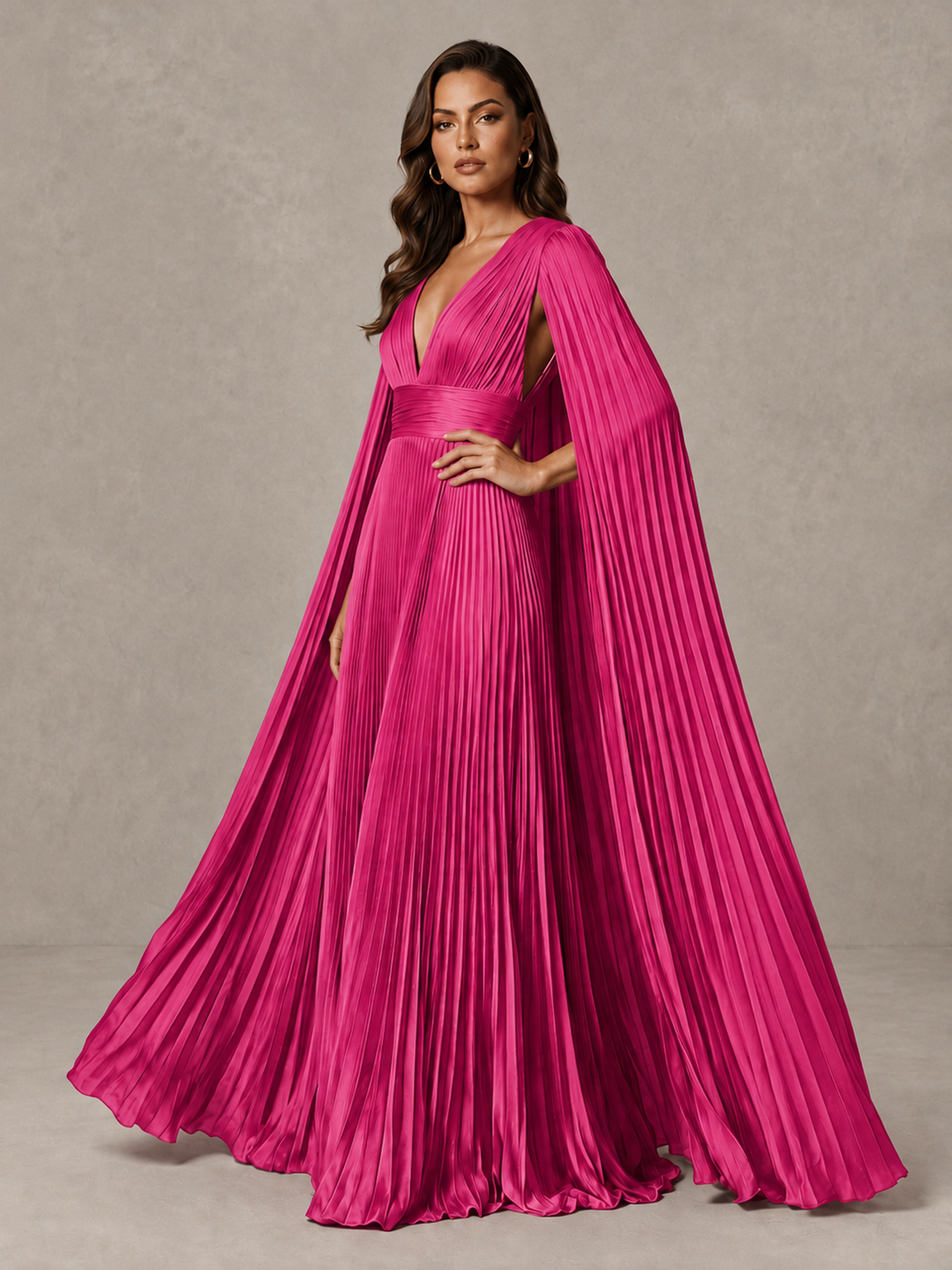 BOLODOO Hot Pink Deep V-Neck Pleated Cape Sleeve Evening Gown - Hot Pink - Hot Pink_4