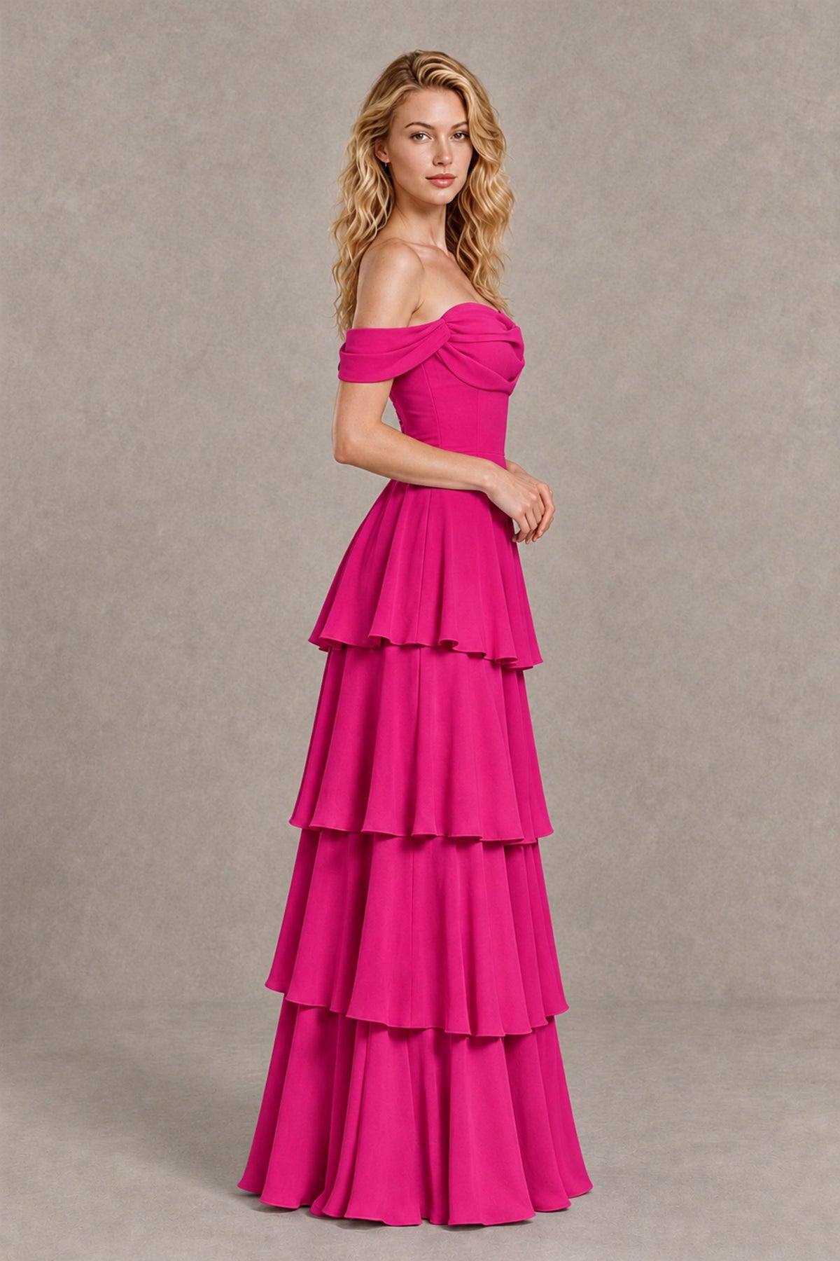 BOLODOO Hot Pink Off-the-Shoulder Tiered A-Line Evening Bridesmaid Dress - Hot Pink - Hot Pink_4