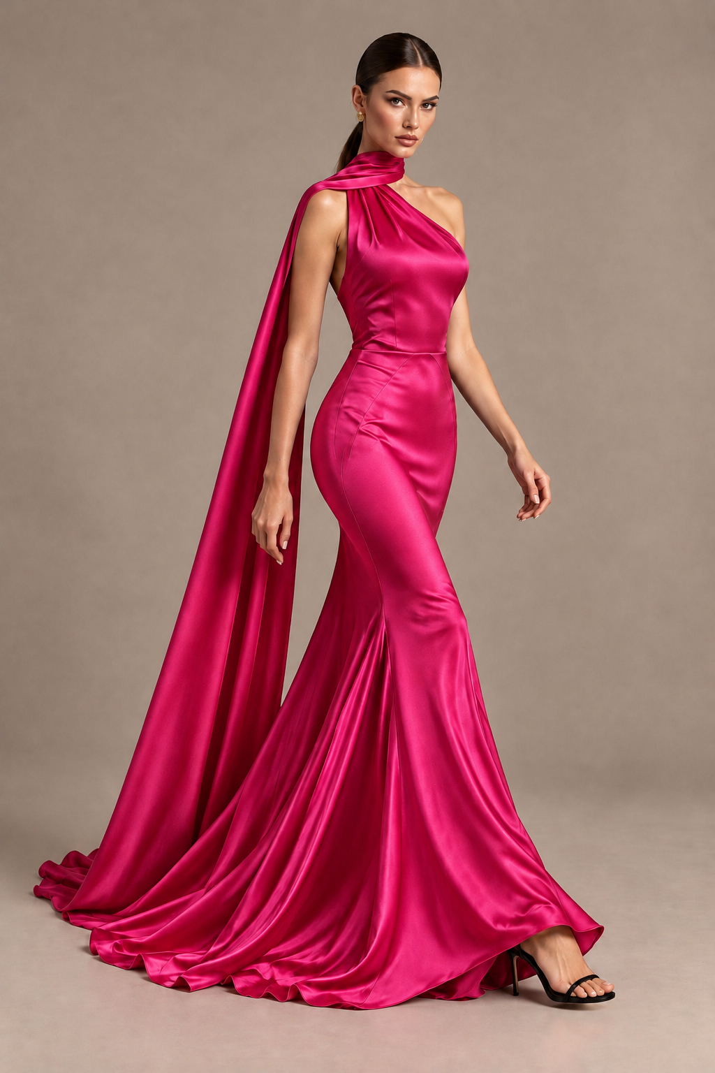 BOLODOO Hot Pink One-Shoulder Satin Mermaid Evening Dress with Scarf - Hot Pink - Hot Pink_4