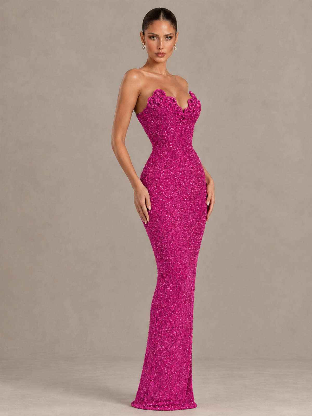 BOLODOO Hot Pink Strapless Sequin Evening Gown with Floral Neckline - Hot Pink - Hot Pink_4