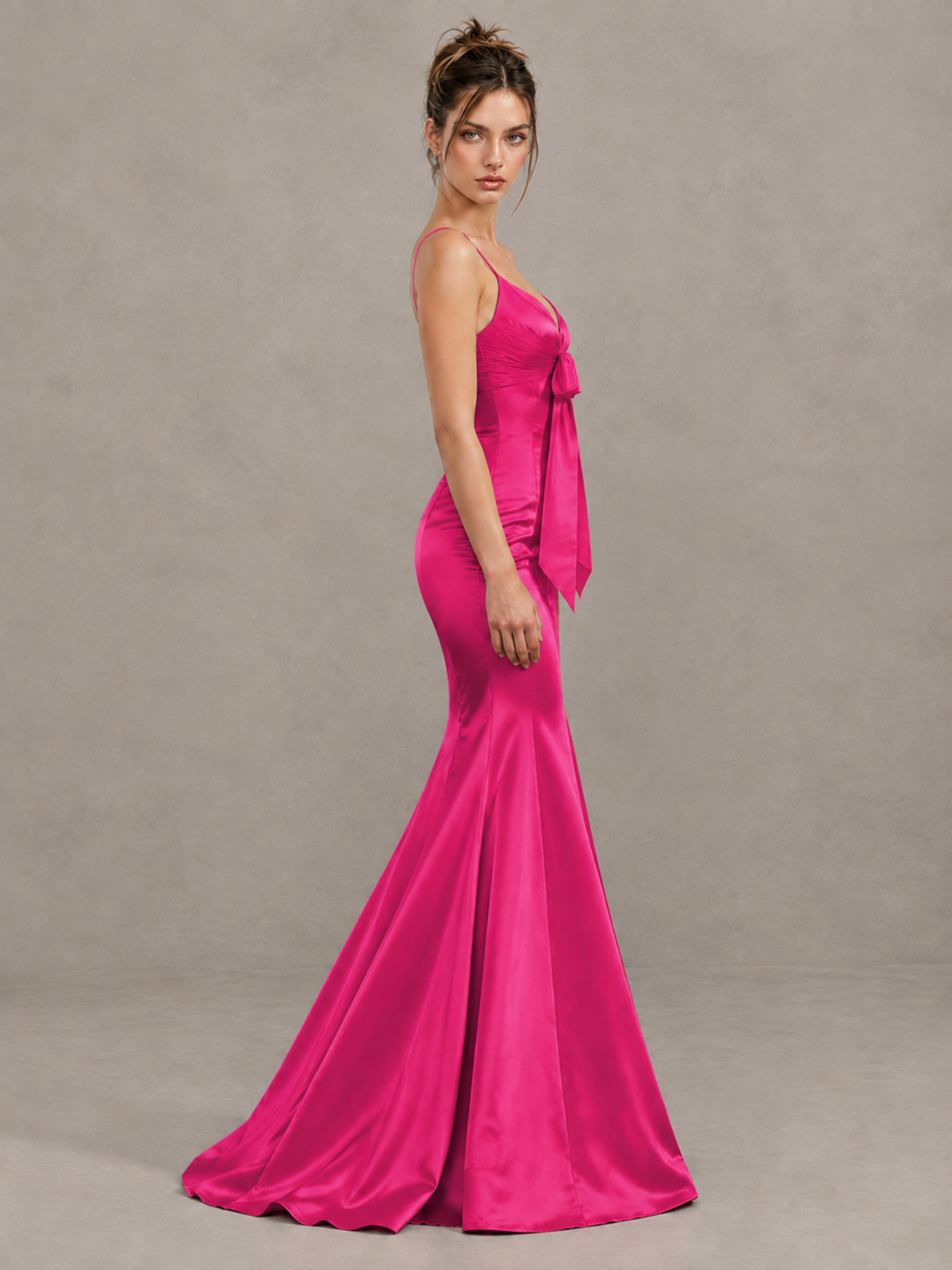 BOLODOO Hot Pink Satin-Look Mermaid Prom Dress with Bow - Hot Pink - Hot Pink_4