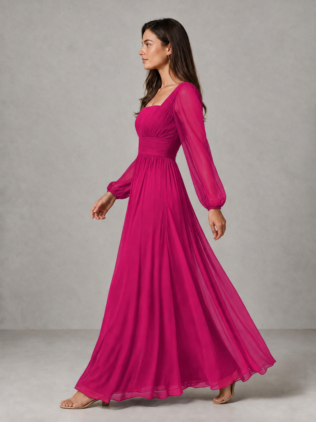BOLODOO Hot Pink Square Neck Long Sleeve Chiffon Bridesmaid Dress - Hot Pink - Hot Pink_4
