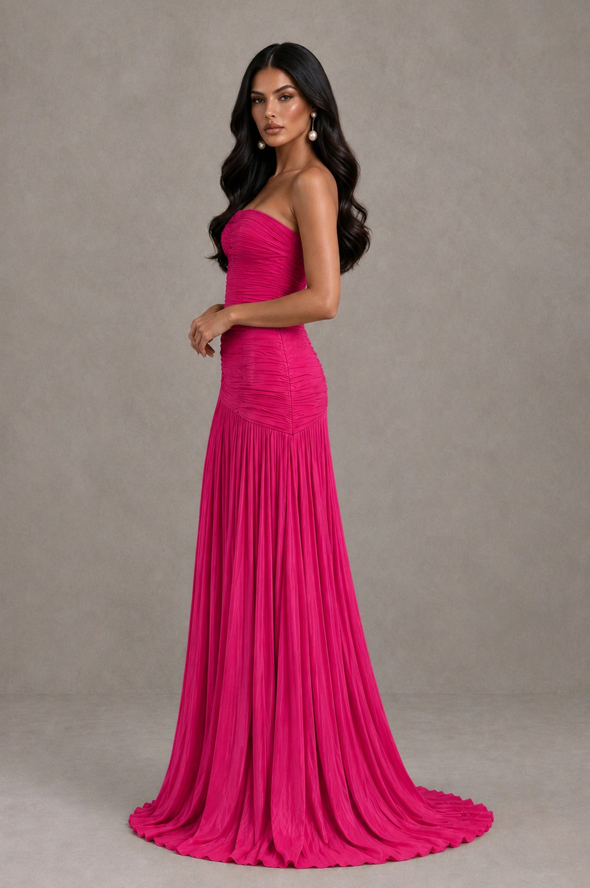 BOLODOO Hot Pink Metallic Ruched Strapless Pleated A-Line Backless Maxi Dress with Train - Hot Pink - Hot Pink_4