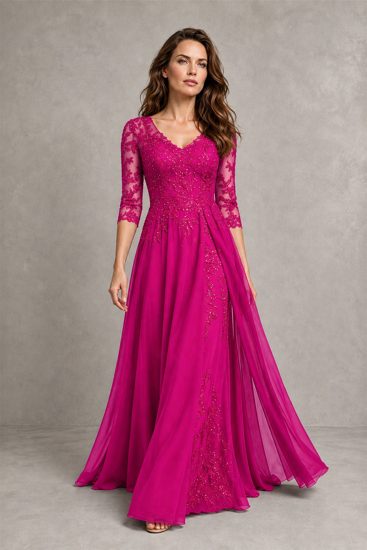 BOLODOO Midnight Hot Pink Beaded Lace Appliqué Chiffon A-Line Gown | Mother of the Bride & Formal Evening Dress - Hot Pink - Hot Pink_4