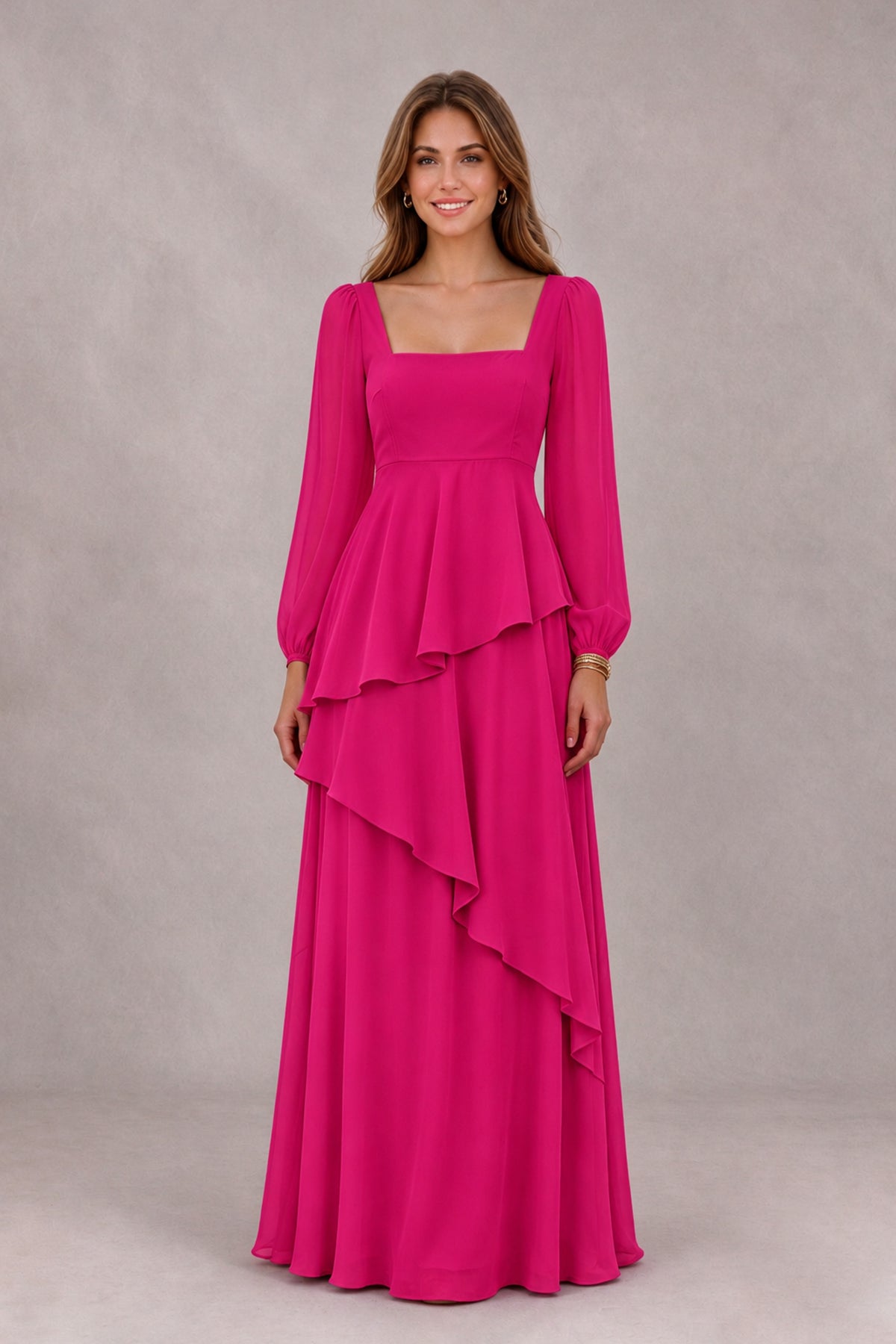 BOLODOO Hot Pink Long Sleeve Ruffle Bridesmaid Dresses - Hot Pink - Hot Pink_4