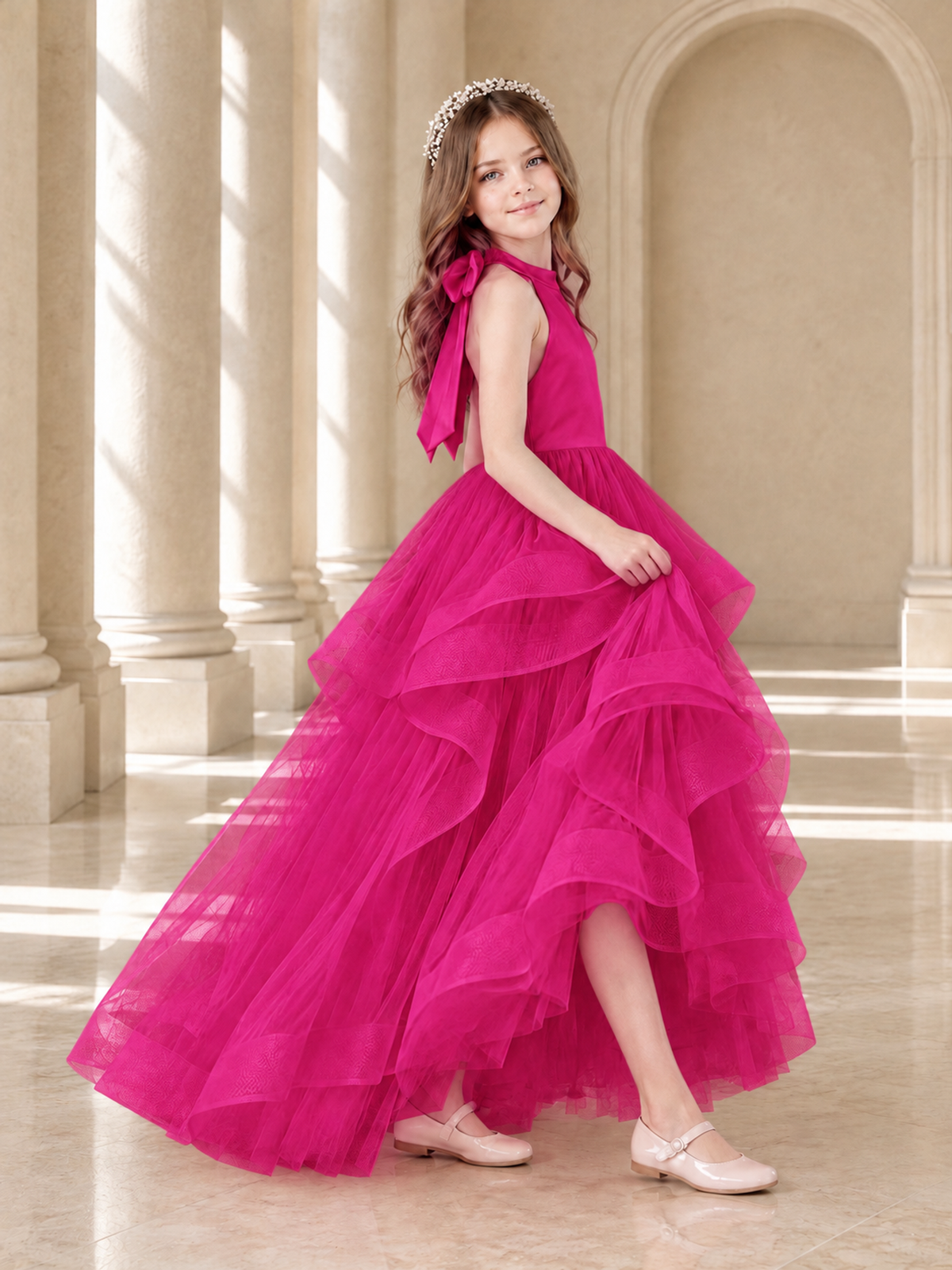 BOLODOO Hot Pink Halter Tiered Tulle Flower Girl Dress with Bow Back - Hot Pink - Hot Pink_4