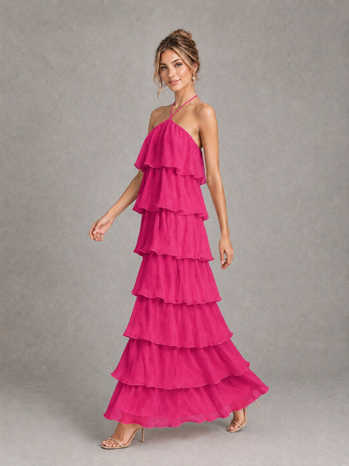 BOLODOO Hot Pink Halter Tiered Ruffle Maxi Bridesmaid Dress - Hot Pink - Hot Pink_4