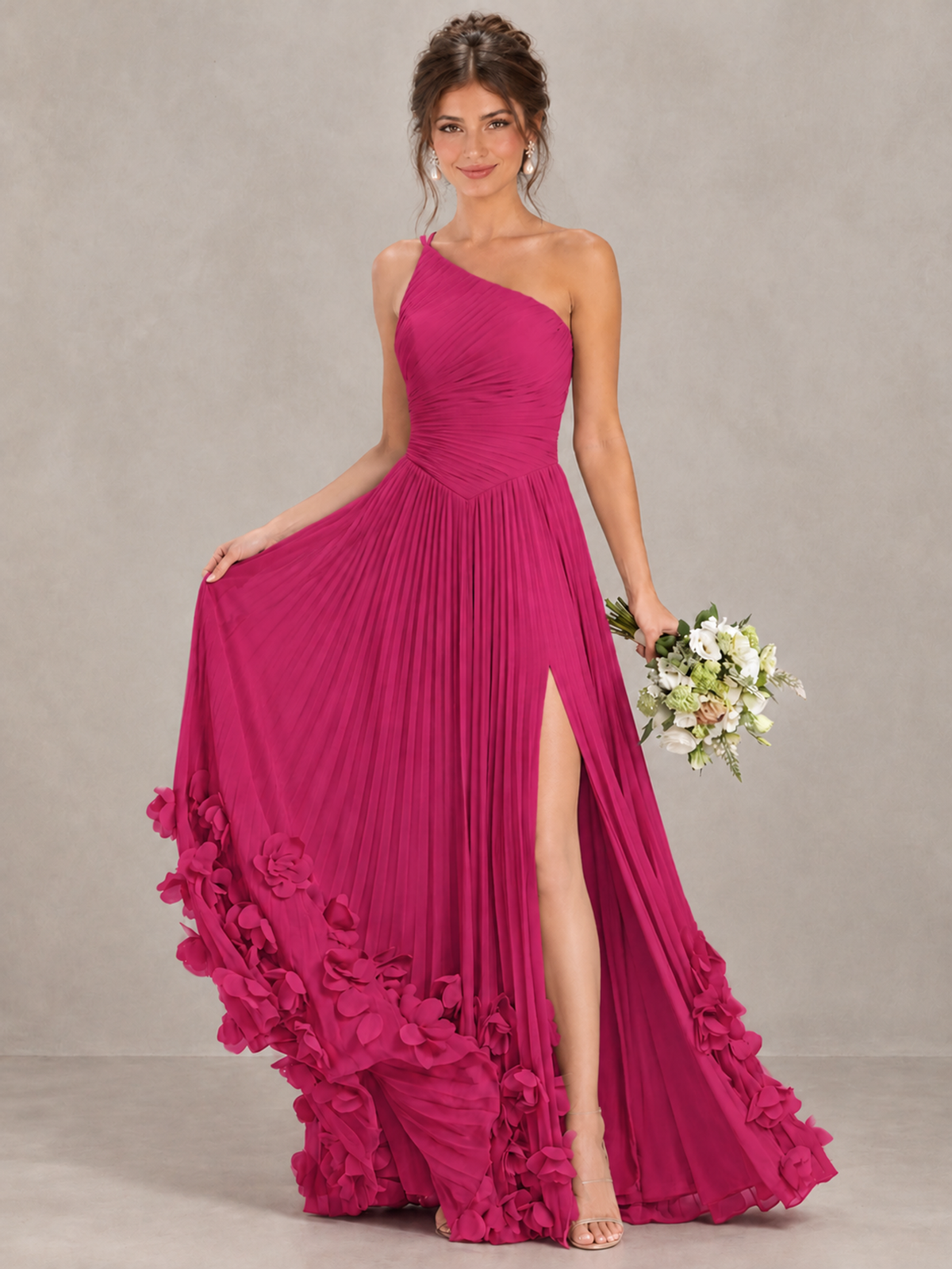 BOLODOO Hot Pink One-Shoulder Pleated Bridesmaid Dress with 3D Floral Hem - Hot Pink - Hot Pink_4