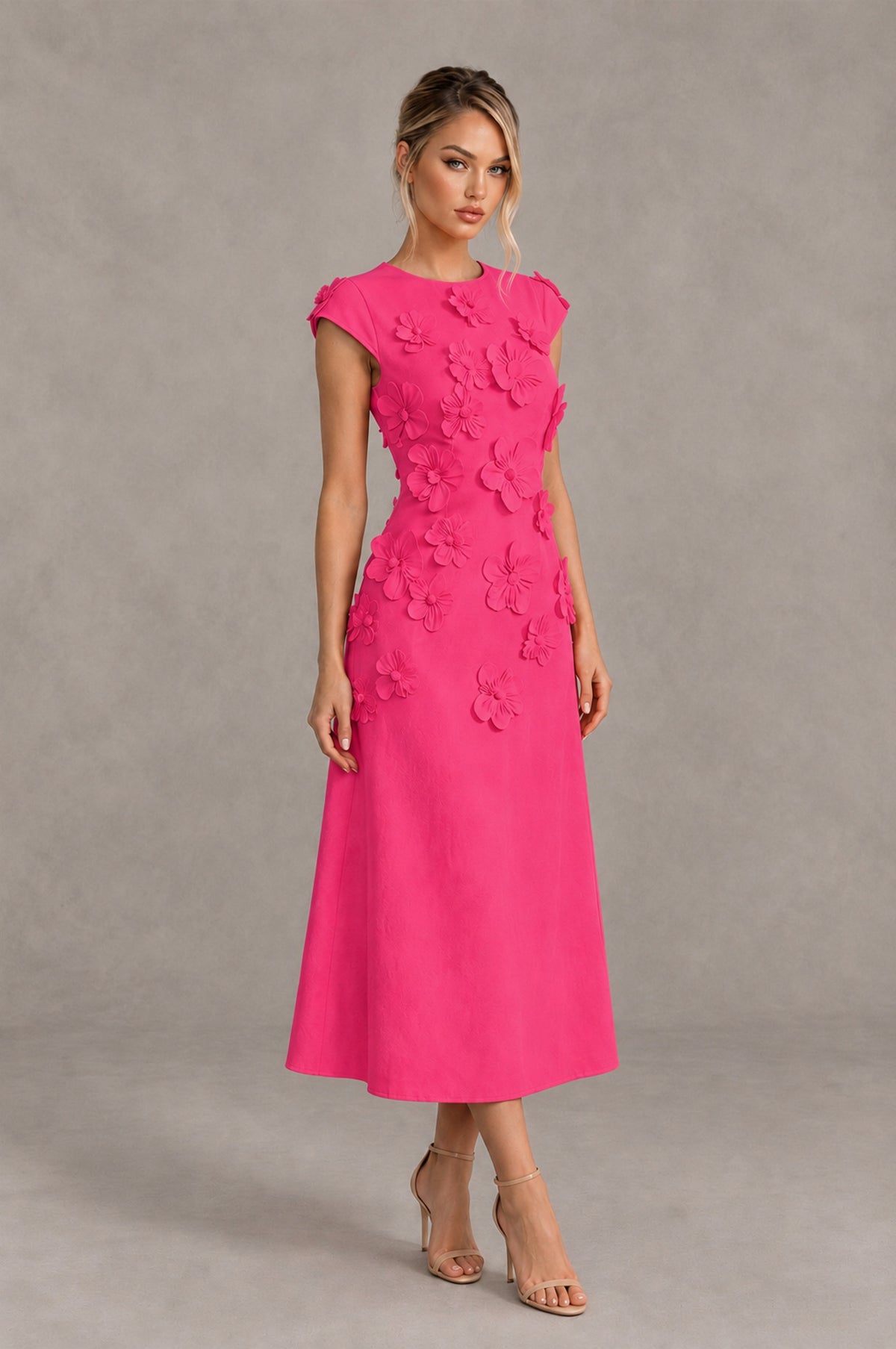 BOLODOO Hot Pink 3D Floral Cap Sleeve Midi Cocktail Dress - Hot Pink - Hot Pink_4