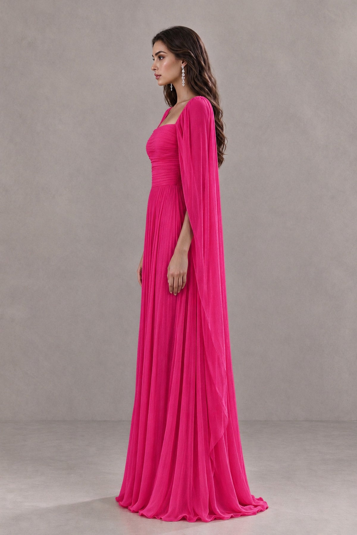 BOLODOO Hot Pink Square Neck Cape Sleeve A-Line Evening Dress - Hot Pink - Hot_Pink_4