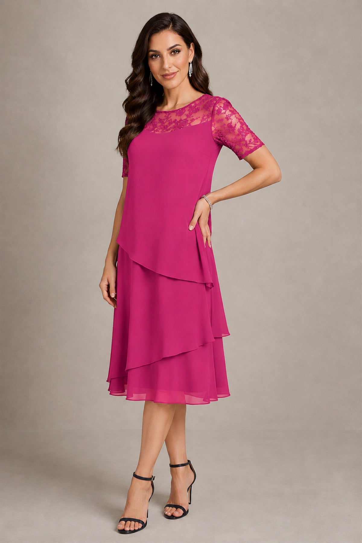 BOLODOO Hot Pink Illusion Lace Short Sleeve Tiered Chiffon Tea Length Dress | Mother of the Bride Midi Dress - Hot Pink