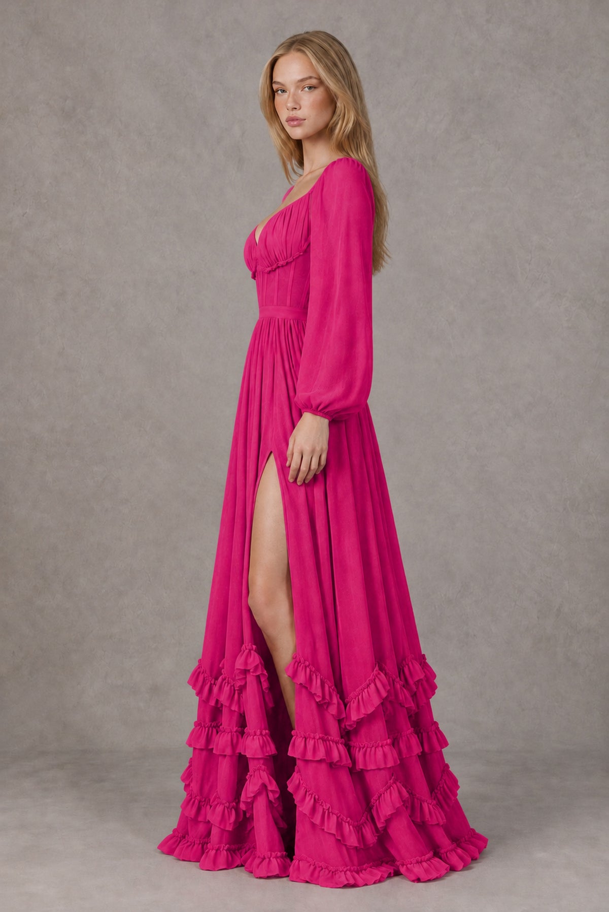 Hot Pink Long-Sleeve Ruffle Maxi Dress with Lace-Up Back and Slit - Hot Pink