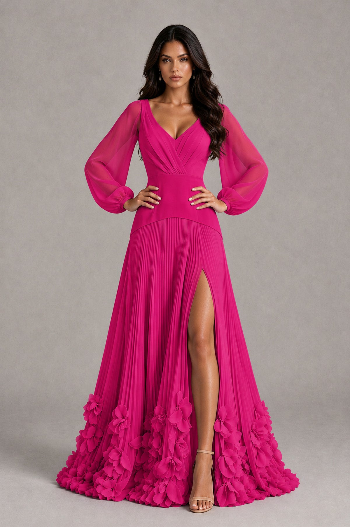 BOLODOO Hot Pink V-Neck Long Sleeve Pleated Floral Hem Evening Dress - Hot Pink - Hot Pink_4