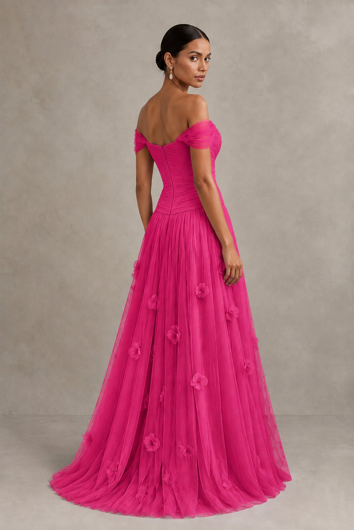 Hot Pink Off-Shoulder Sweetheart A-Line Tulle Gown with 3D Floral Appliques | BOLODOO - Hot Pink