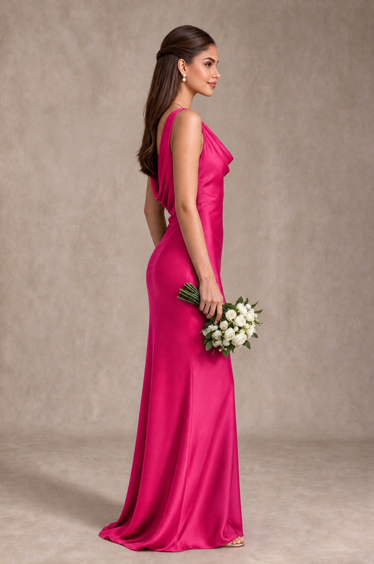 BOLODOO Hot Pink Cowl Neck Open Back Satin Bridesmaid Dress - Hot Pink - Hot Pink_4