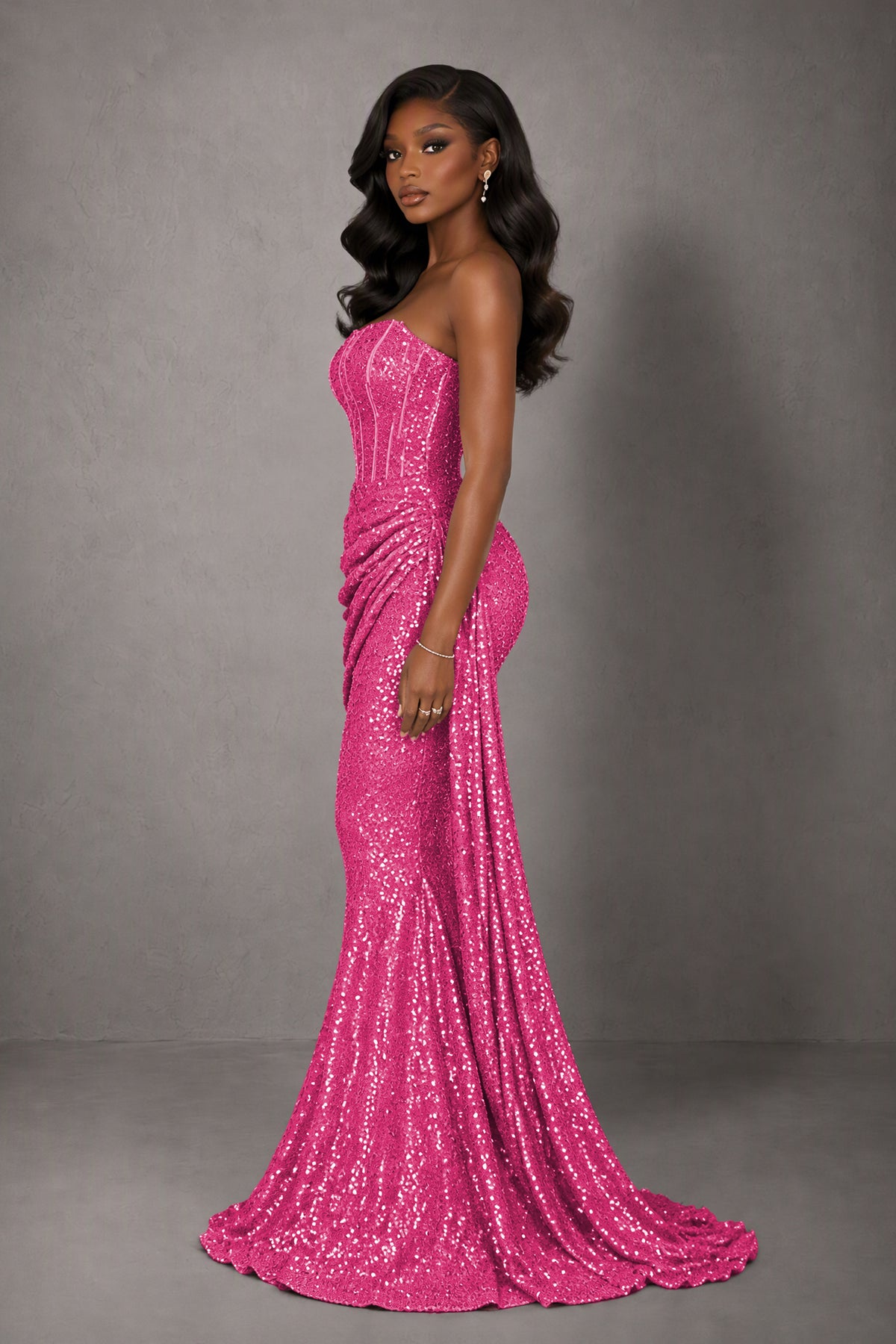 BOLODOO Hot Pink Sequin Strapless Corset Mermaid Evening Gown with Train - Hot Pink