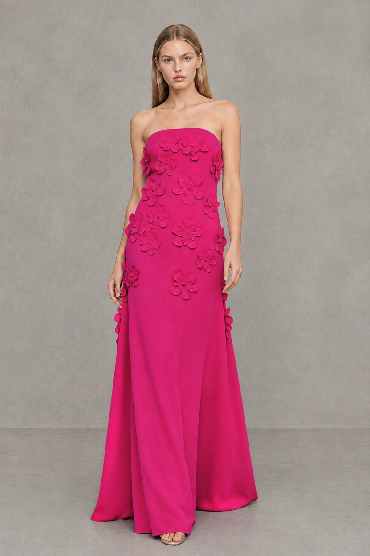 BOLODOO Hot Pink Strapless 3D Floral Appliqué Crepe Maxi Gown - Hot Pink - Hot_Pink_4